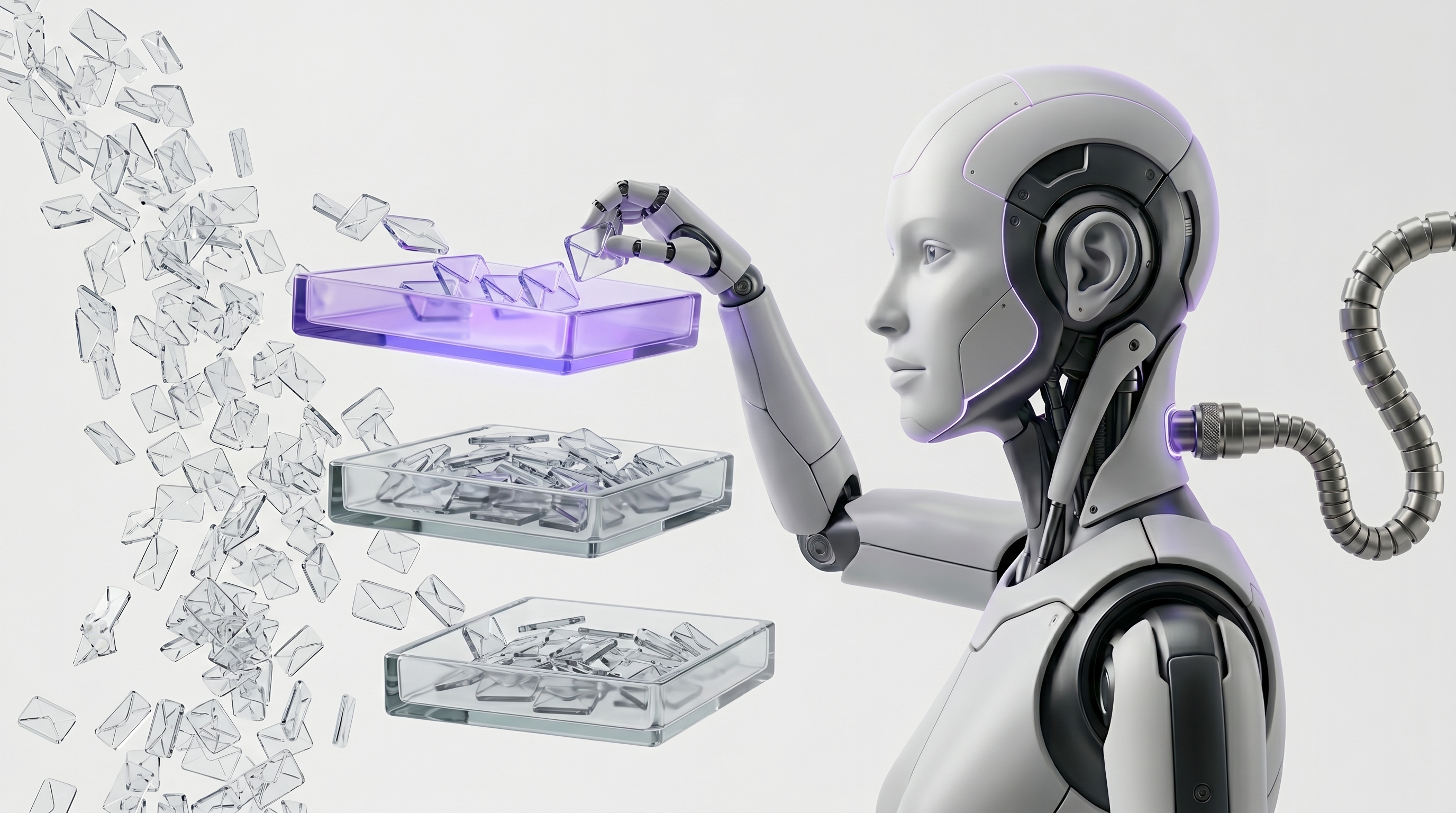 White and silver robot funneling scattered glass message fragments into one neat glowing purple digest tile