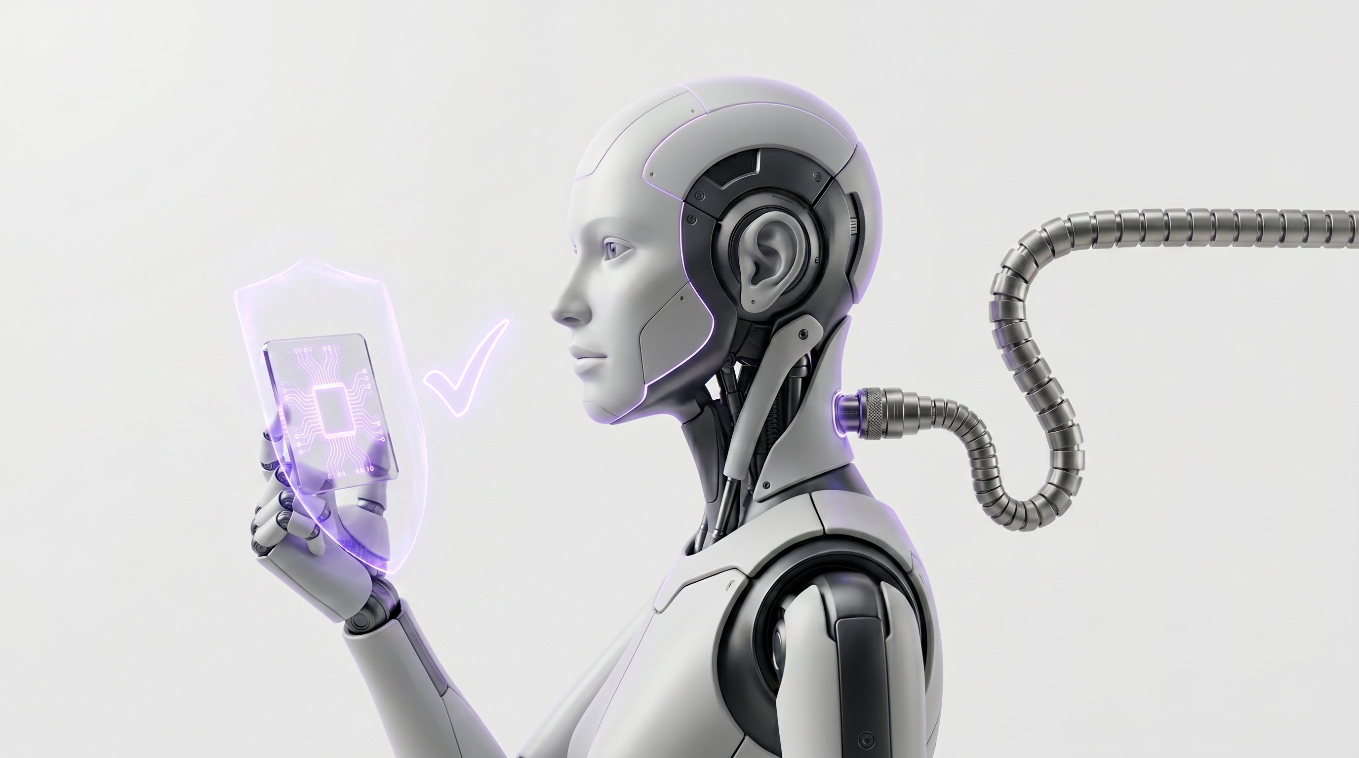 White and silver robot holding back a wave of glass message cards behind a glowing electric-purple shield while releasing one approved card forward