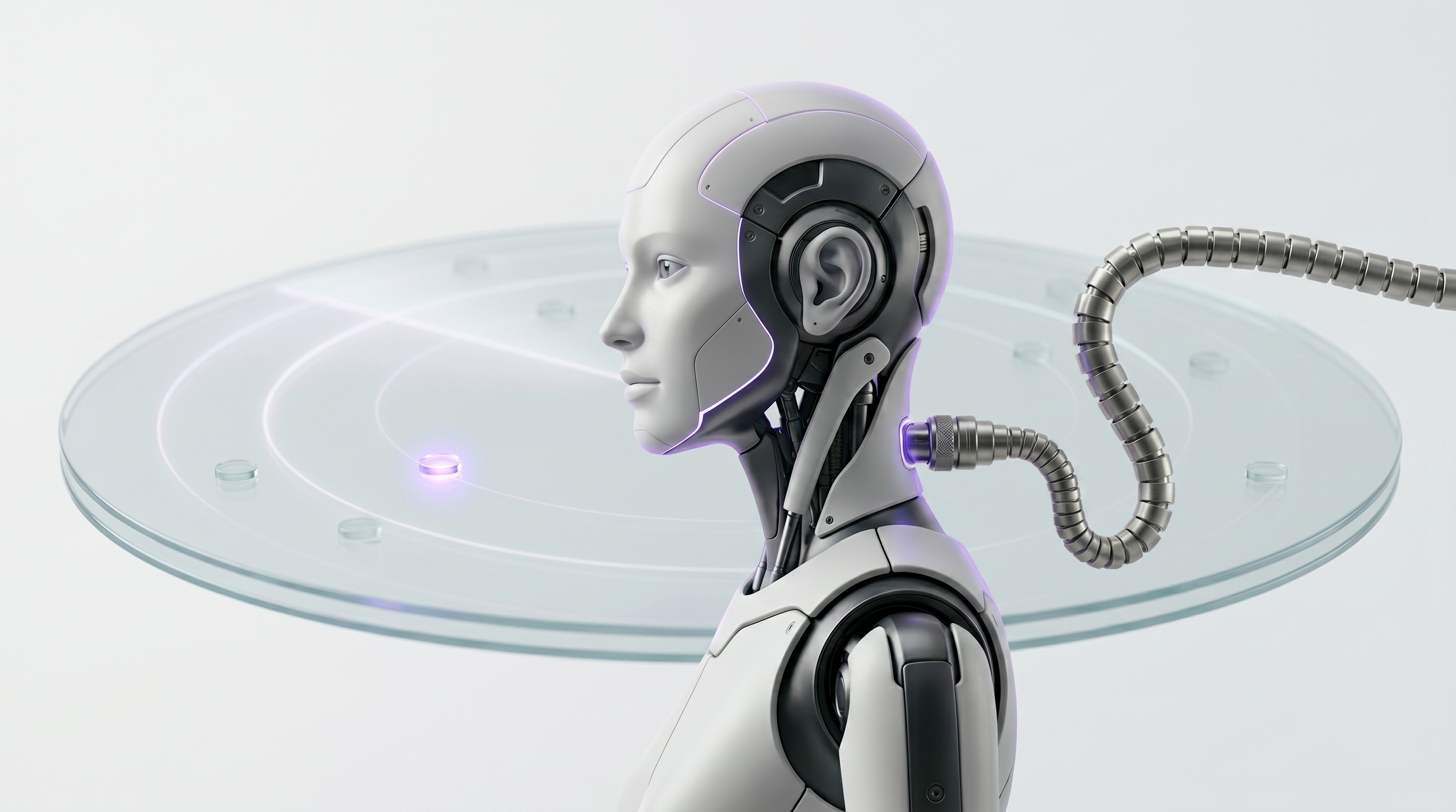 White and silver robot scanning a wide field of faint glass signals with one bright purple blip rising on a radar of light