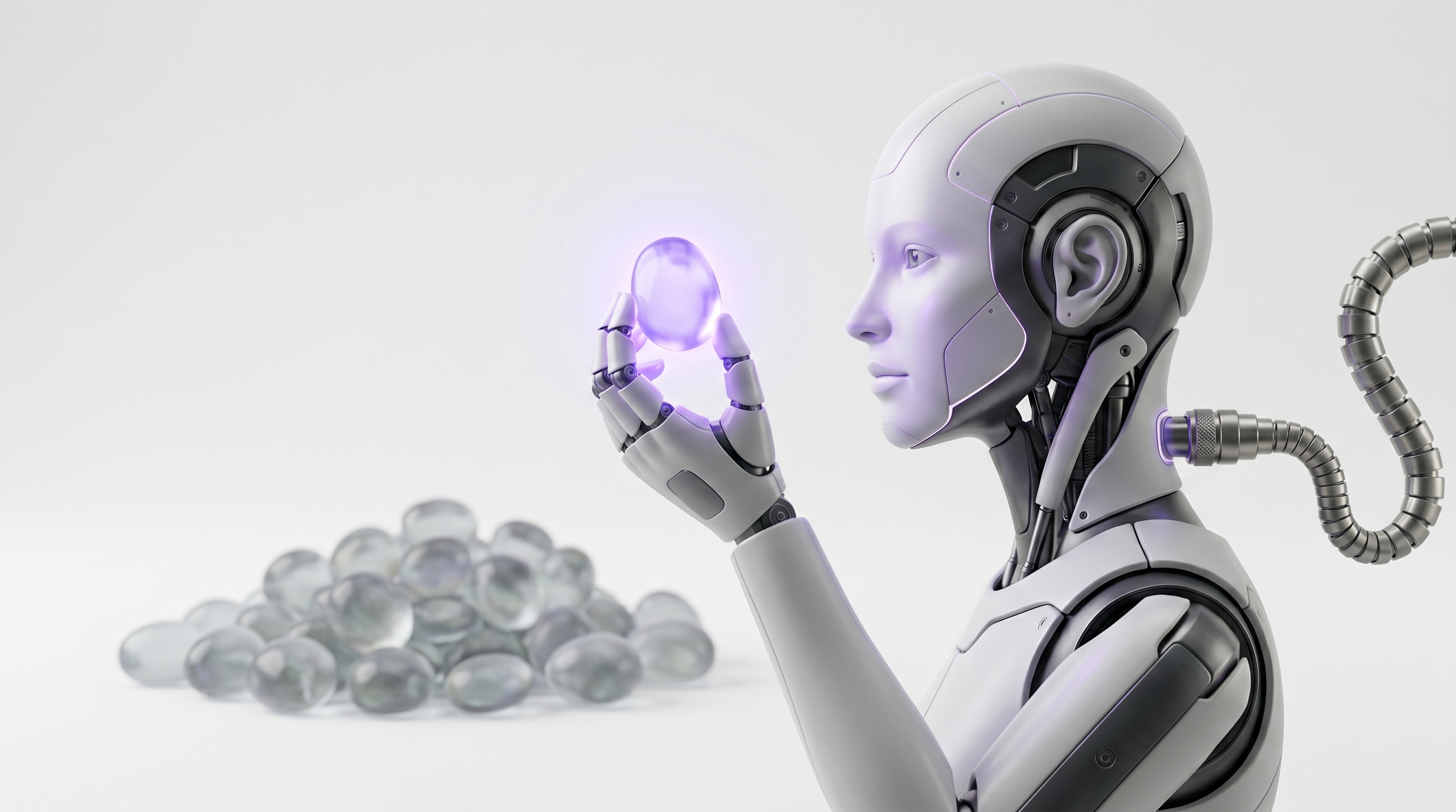 White and silver robot holding dim glass blips below a glowing purple threshold line while one bright blip crosses with a spark