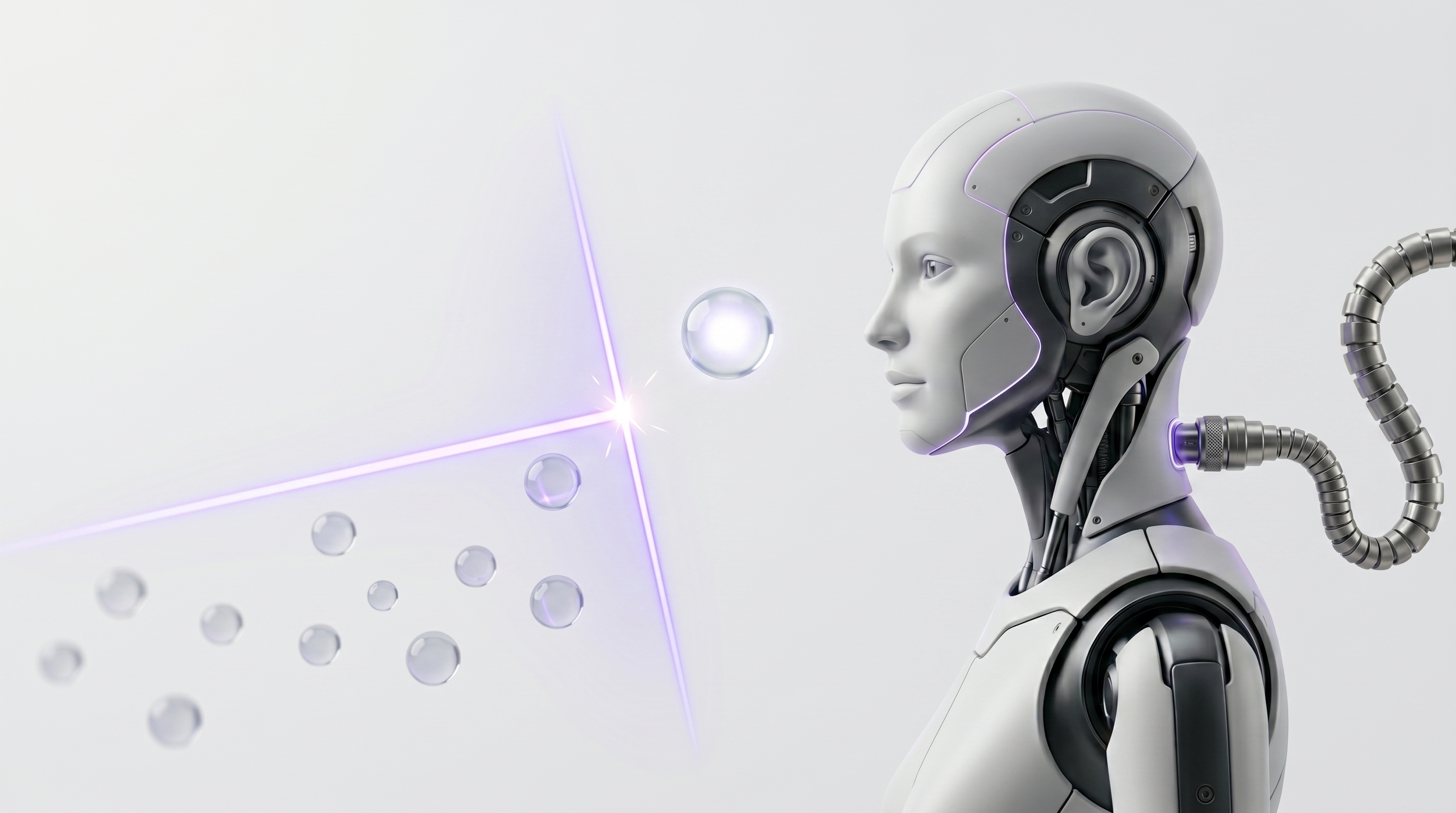 White and silver robot releasing one approved glass alert through a glowing electric-purple shield gate while others wait