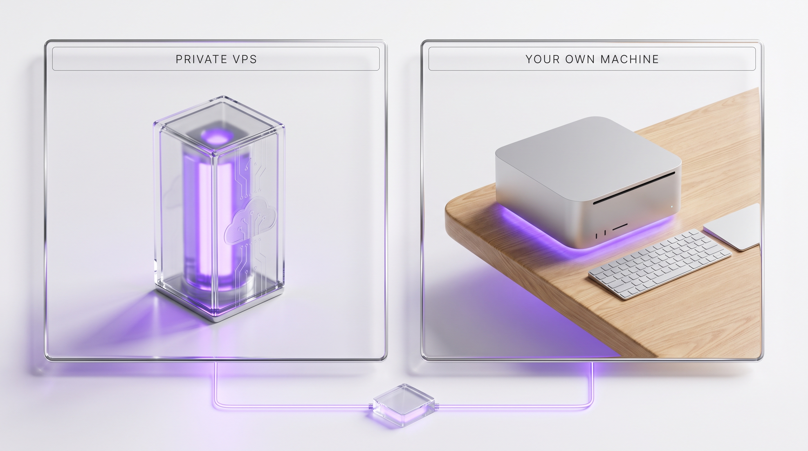 A translucent glowing private VPS server tower connected to an ordinary desktop computer, showing the two hosting options for an OpenClaw agent