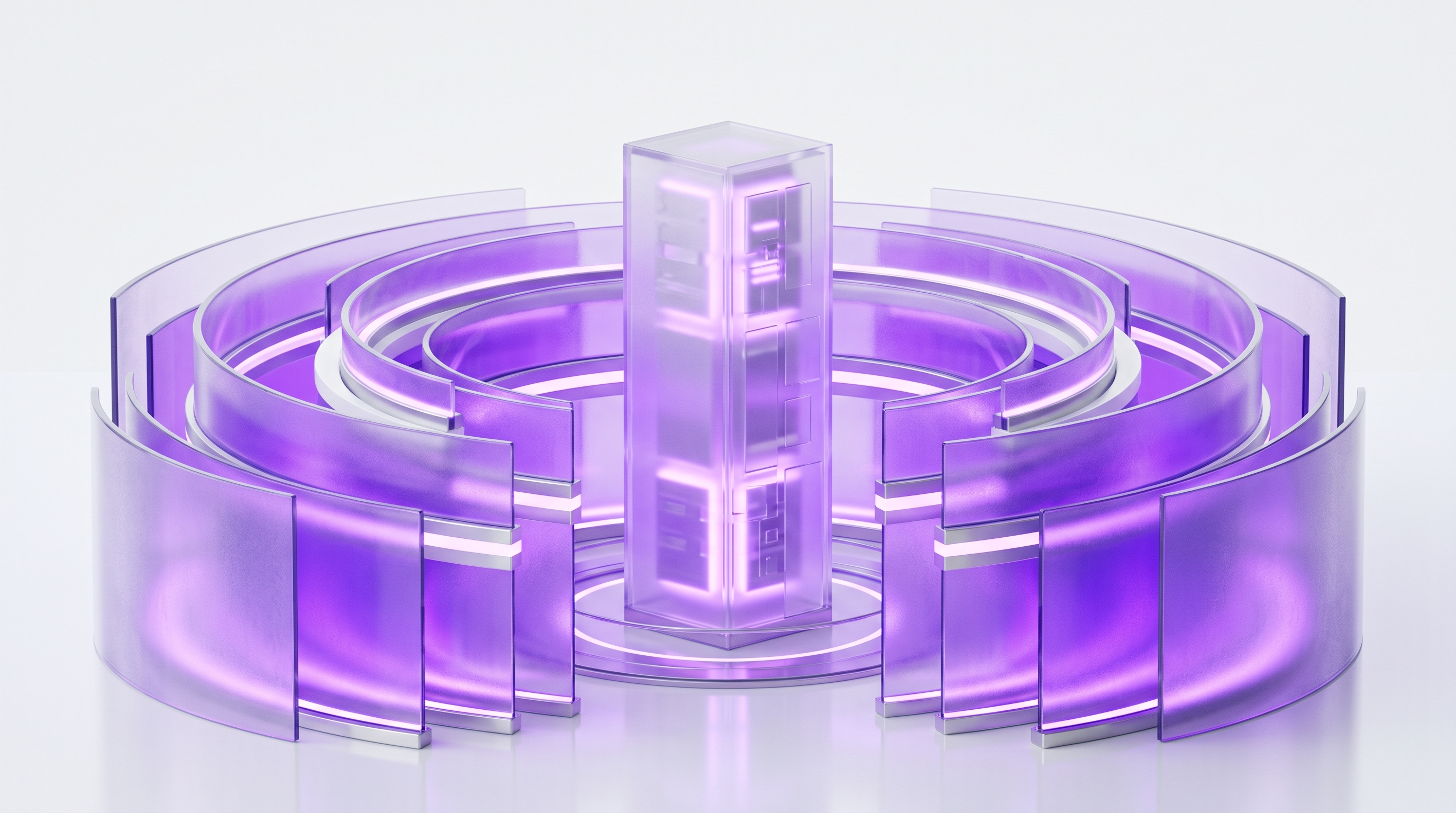 Layered translucent glass shields glowing with soft purple light protecting a private server tower at the center
