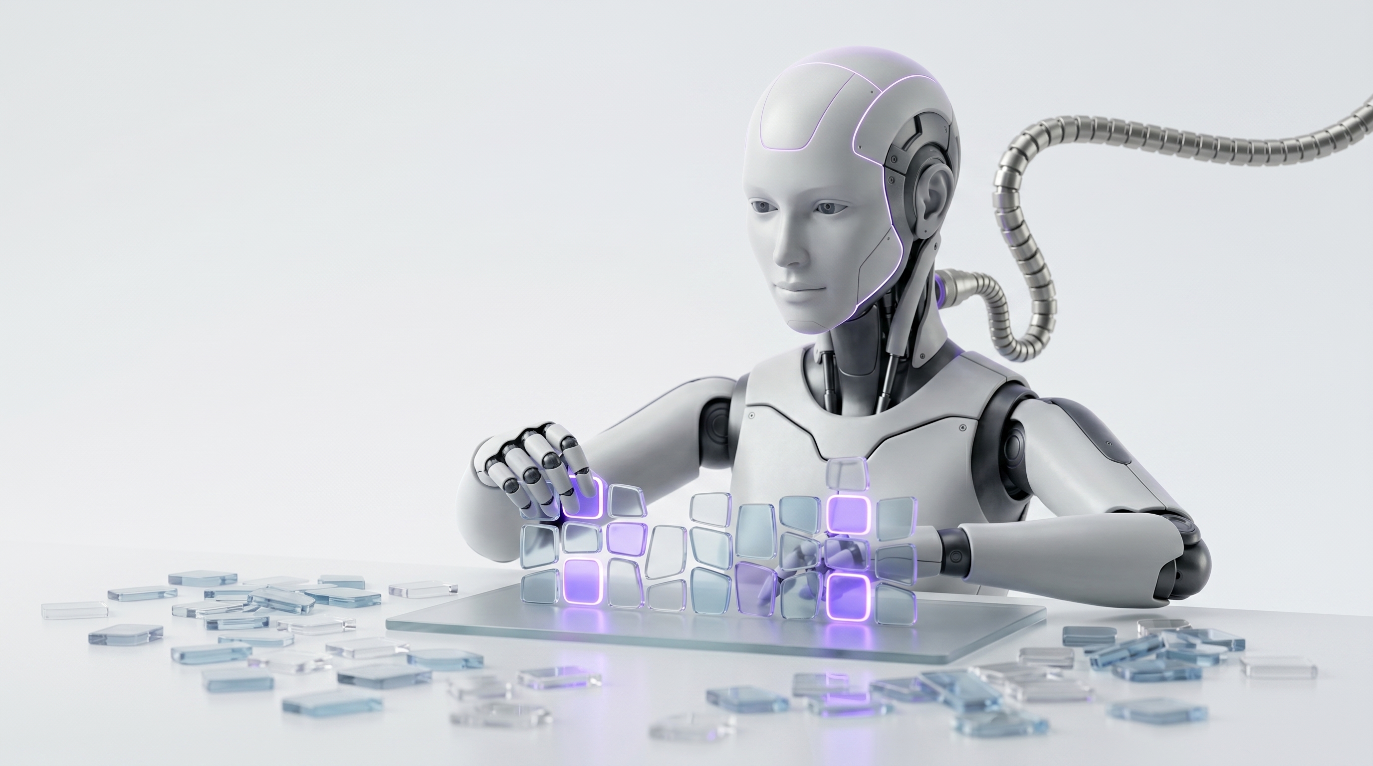 White and silver robot gathering a week of scattered glass cards into one calm glowing purple summary tile