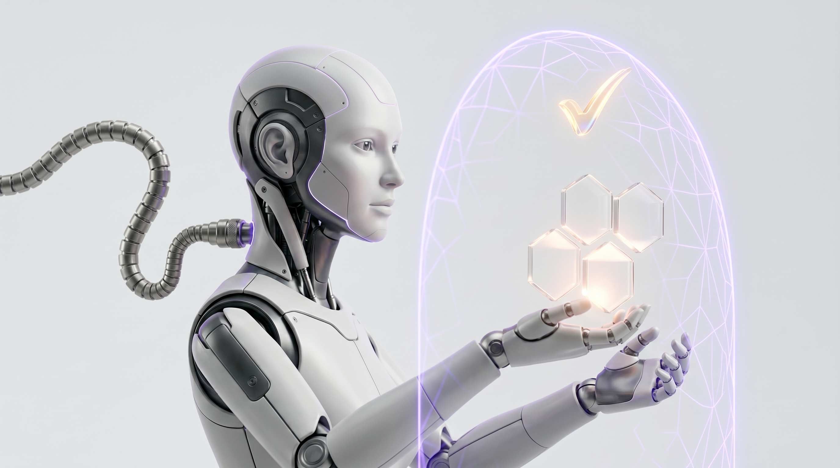 White and silver robot holding glass rollover-action cards at a glowing electric-purple shield gate with an approval spark