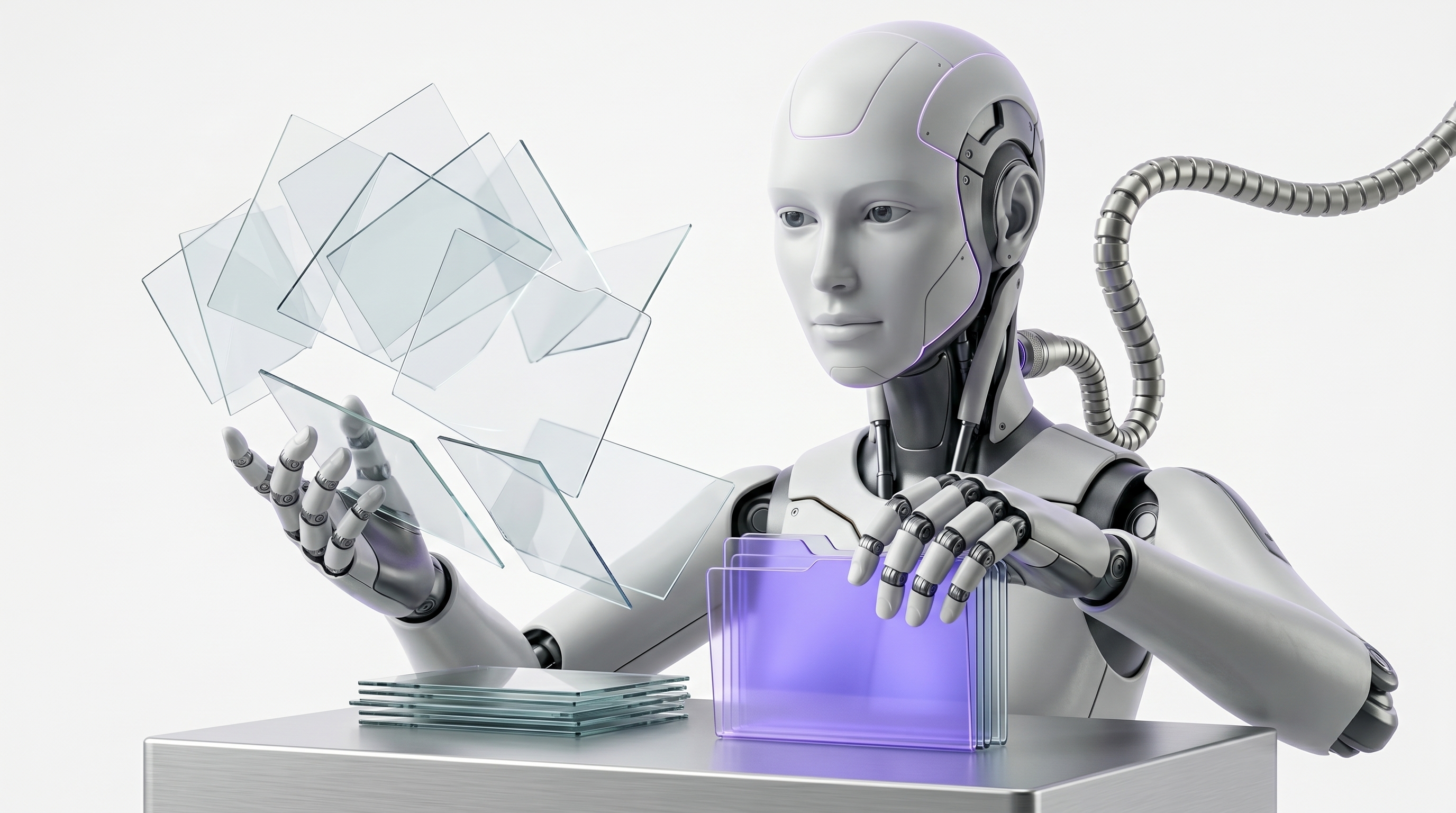 White and silver robot sorting a scatter of translucent glass document sheets into neat stacked folders with one folder glowing soft purple