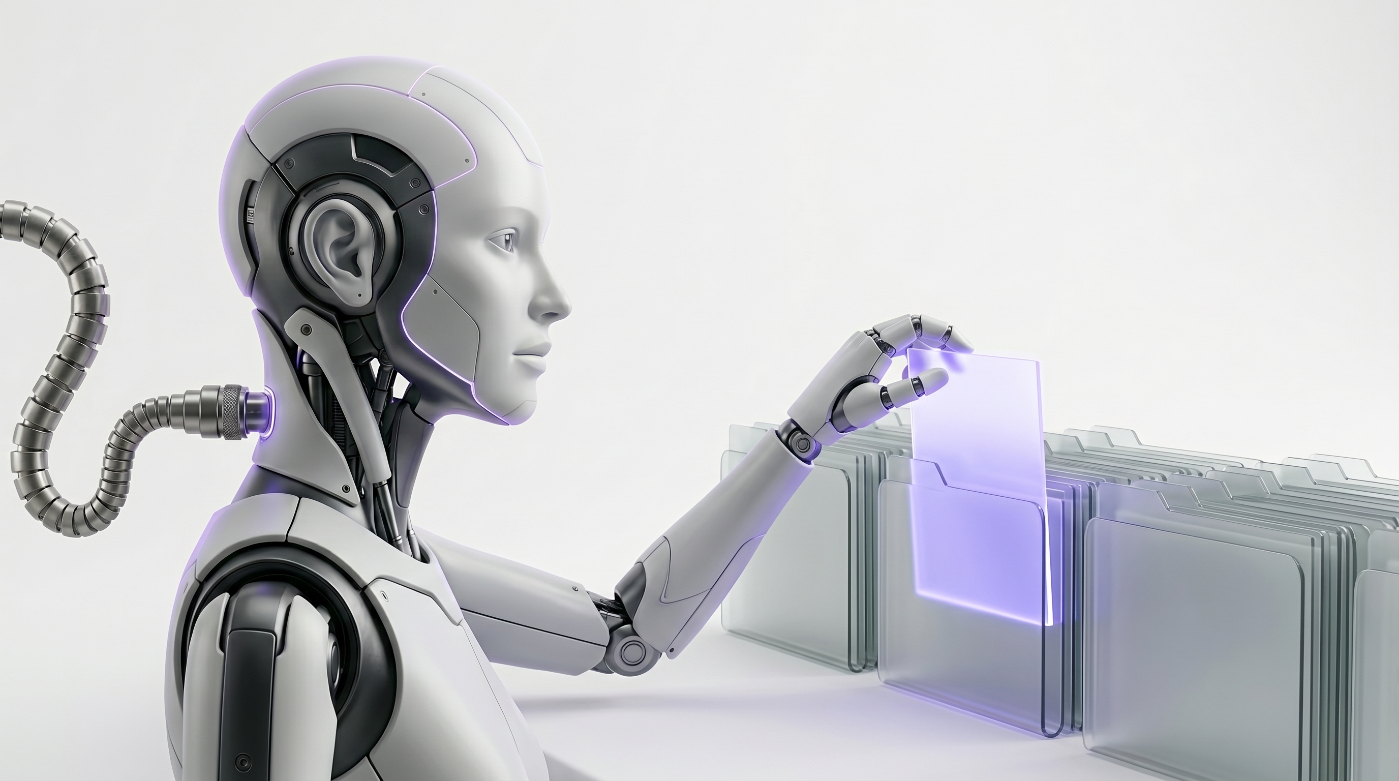 White and silver robot drawing exactly one glowing purple glass sheet from neat stacks while the rest stay tidy