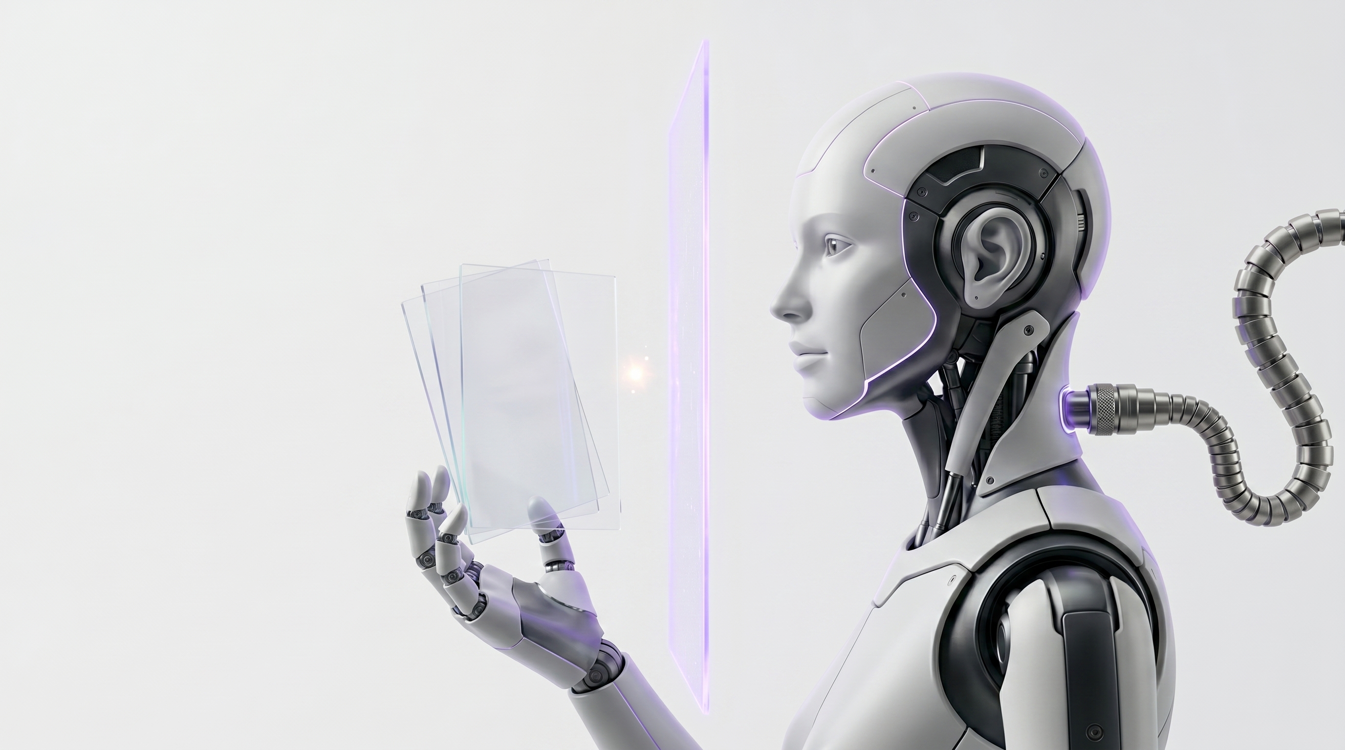 White and silver robot holding glass document sheets at a glowing electric-purple shield wall before any move or delete