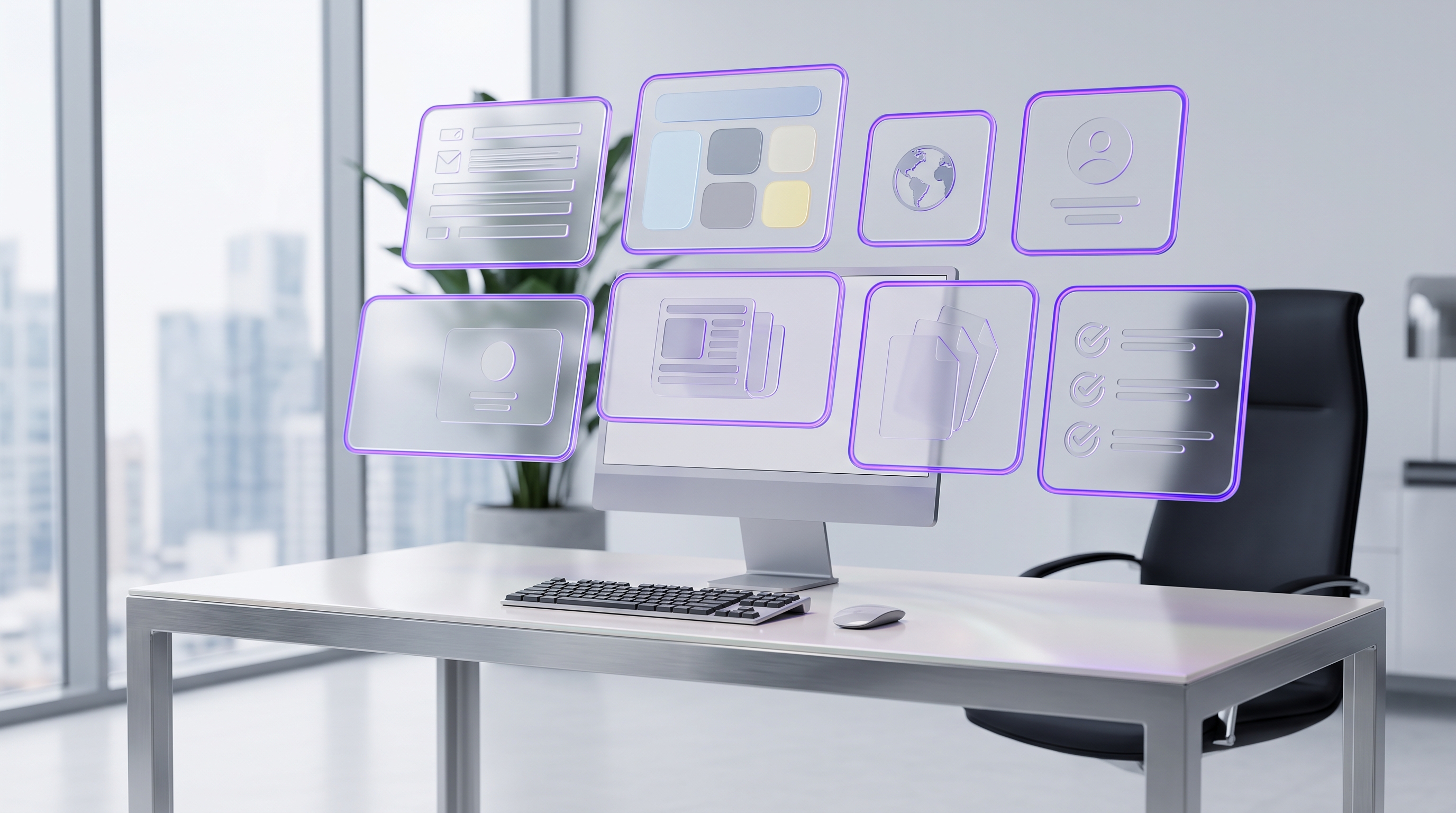 An executive workstation with floating glass tiles representing inbox, calendar, travel, contacts, news, files, and tasks handled by a personal AI assistant