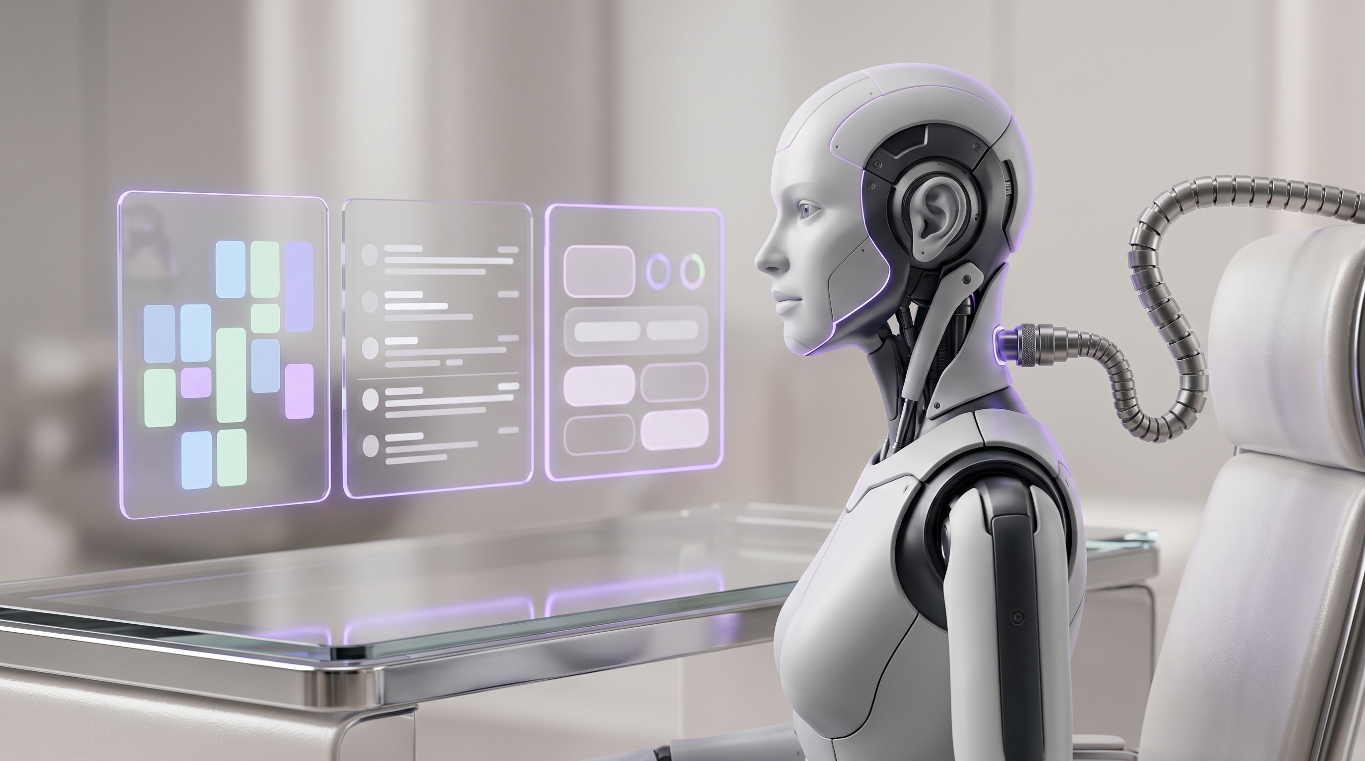 A personal AI assistant robot working at an executive desk, reviewing floating glass panels for calendar, inbox, and briefing work