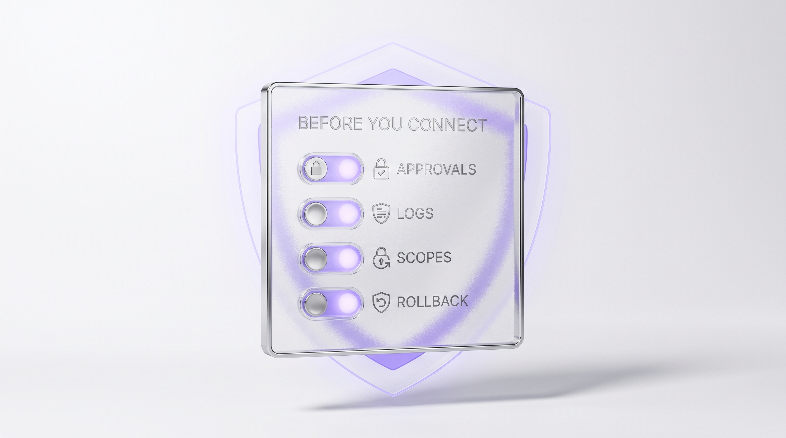 A dimly lit dashboard with locked glass toggles and shield shapes signaling caution before connecting accounts to an AI assistant