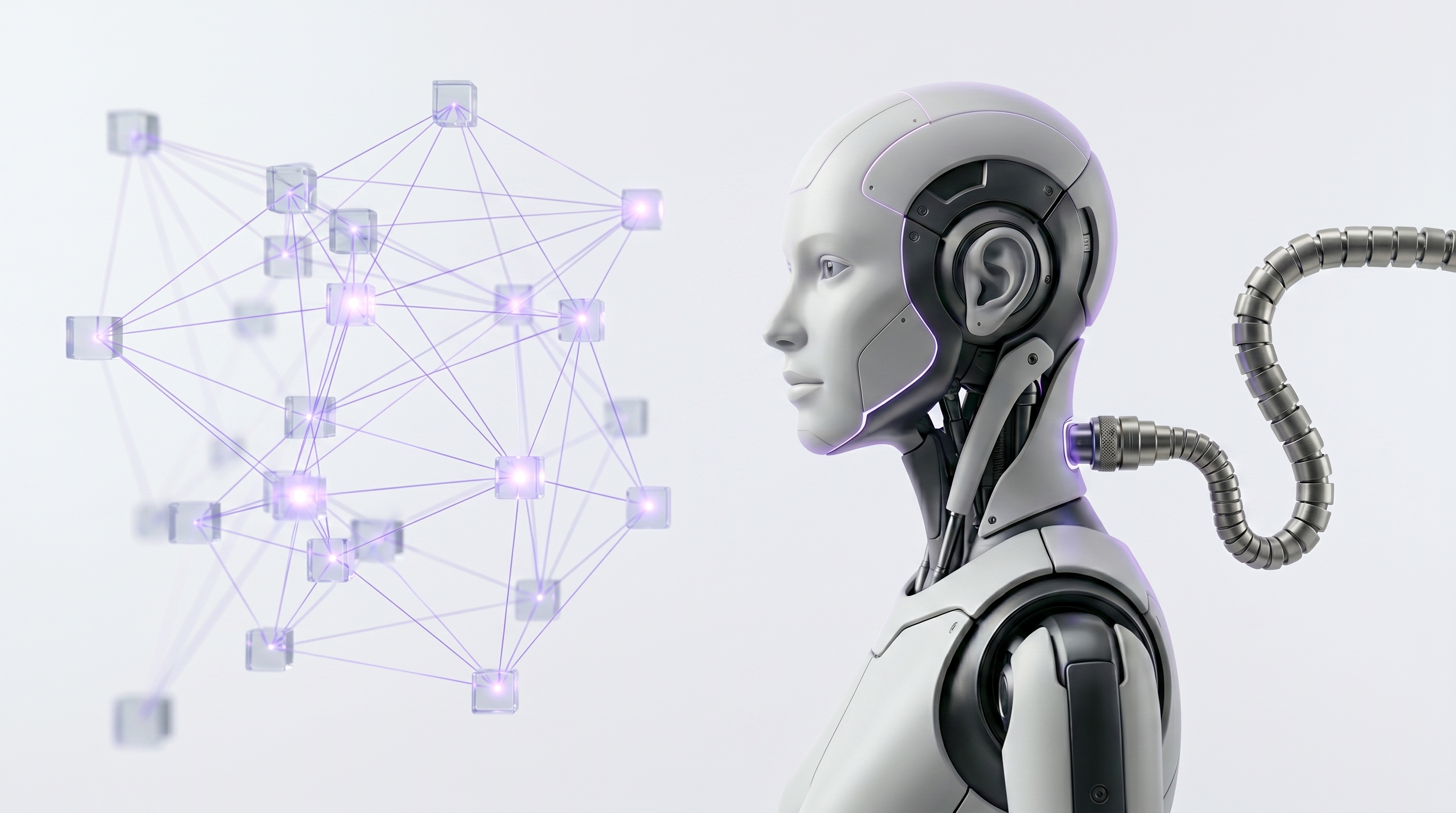 White and silver robot filing loose glass note cards into a tidy connected structure with one node glowing soft purple