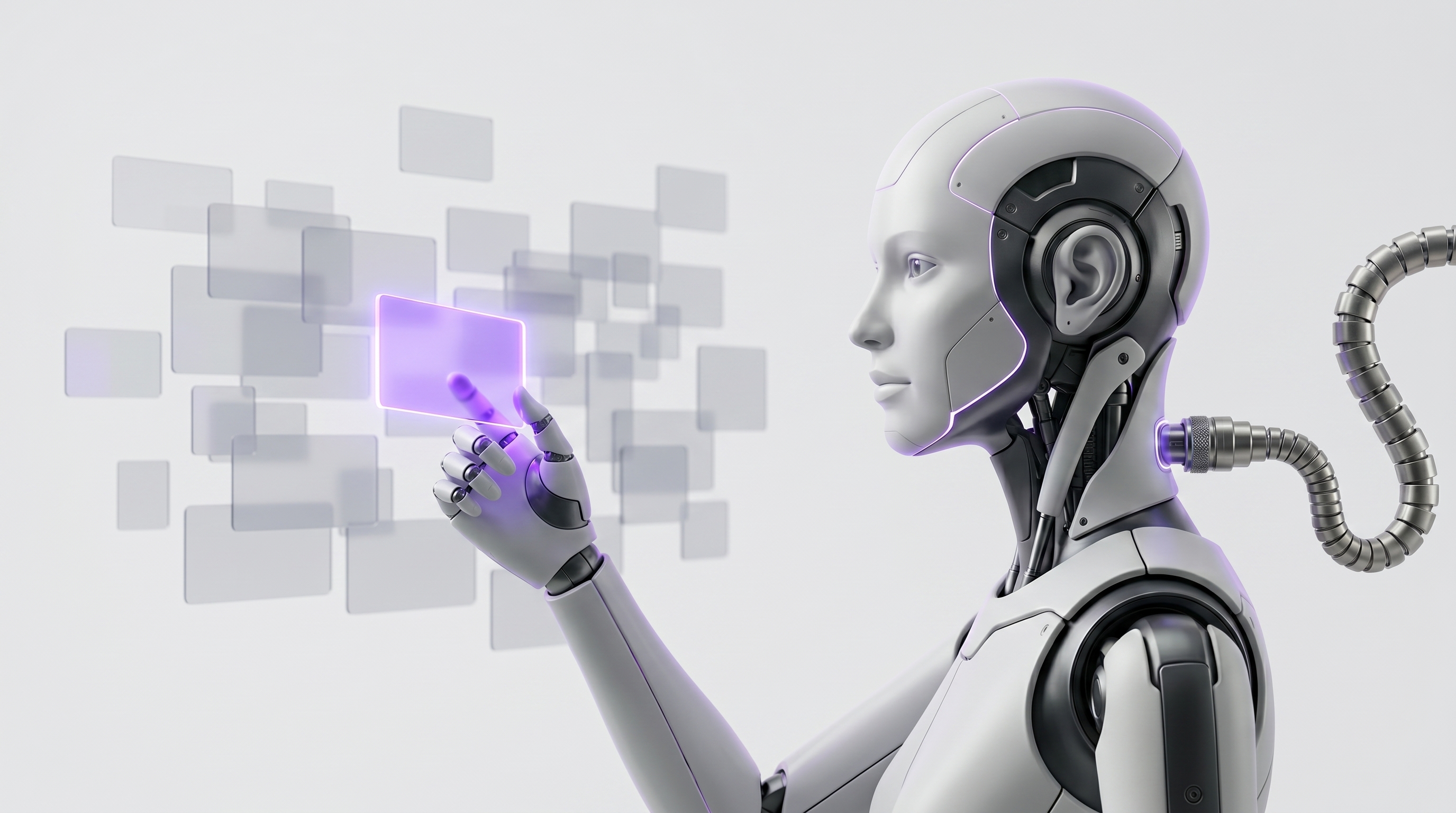 White and silver robot pulling exactly one glowing purple glass note from a calm connected web of notes