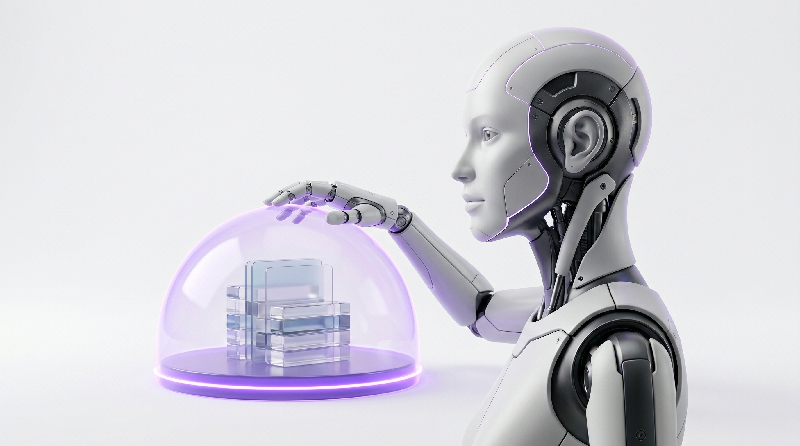 White and silver robot guarding a web of glass notes inside a soft glowing electric-purple shield dome