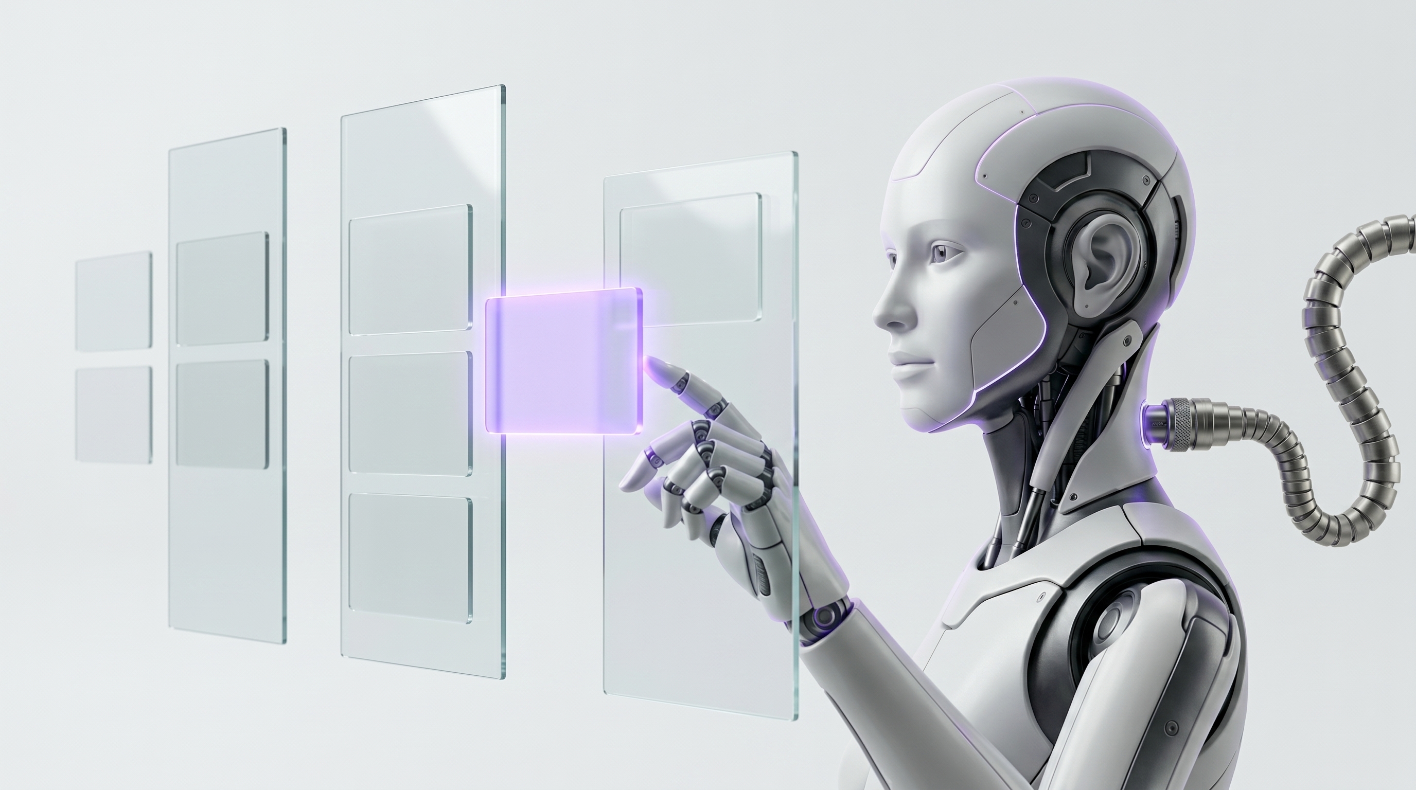 White and silver robot organizing scattered glass task cards into clean project columns with one card glowing soft purple