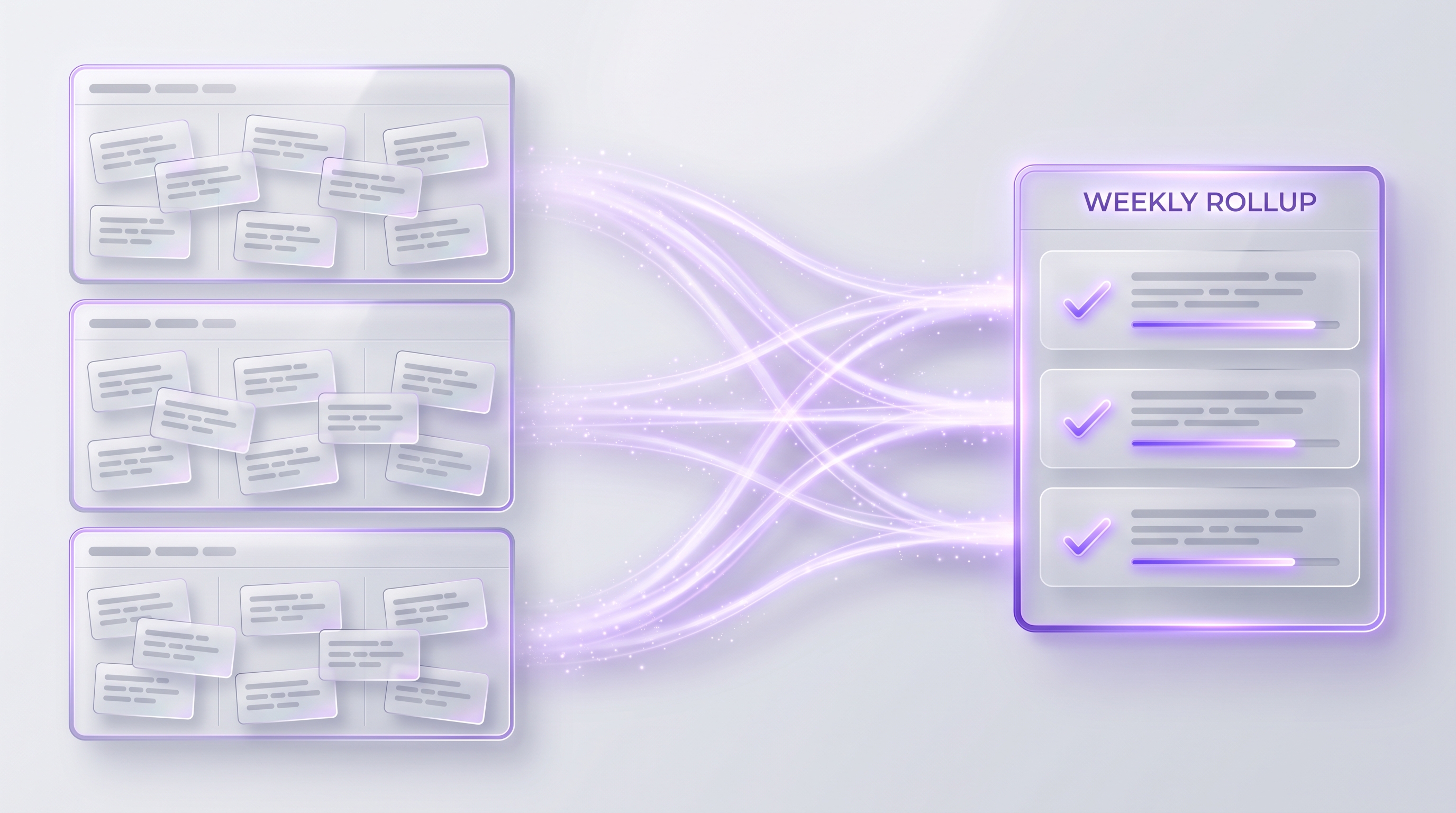 White and silver robot composing project columns of glass cards into one clean glowing purple weekly rollup