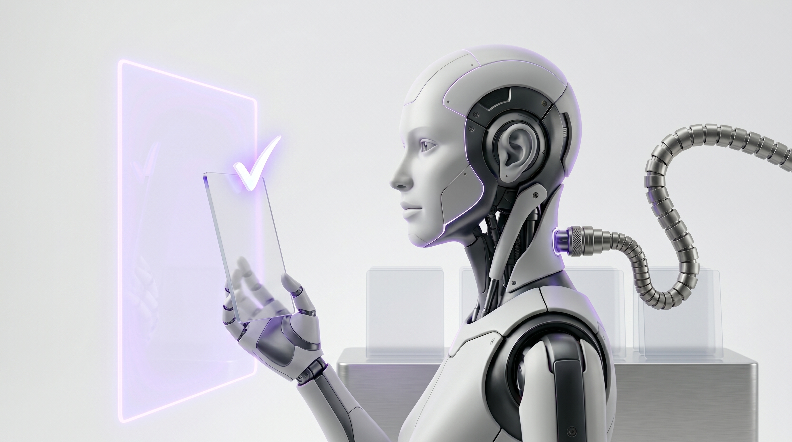 White and silver robot holding glass status-update cards at a glowing electric-purple shield gate before they send
