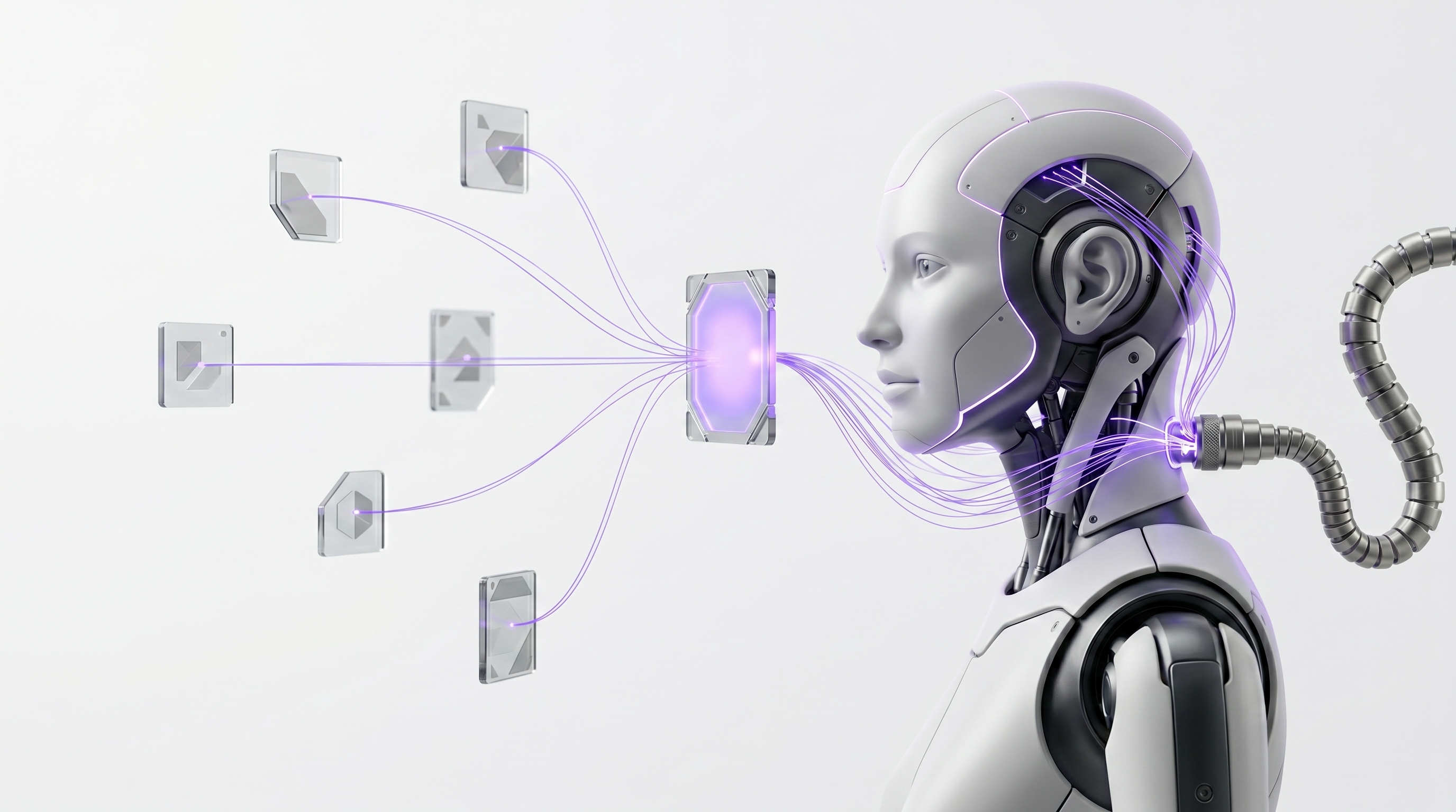 White and silver robot gathering scattered glass source fragments and weaving them into one clean glowing purple research card