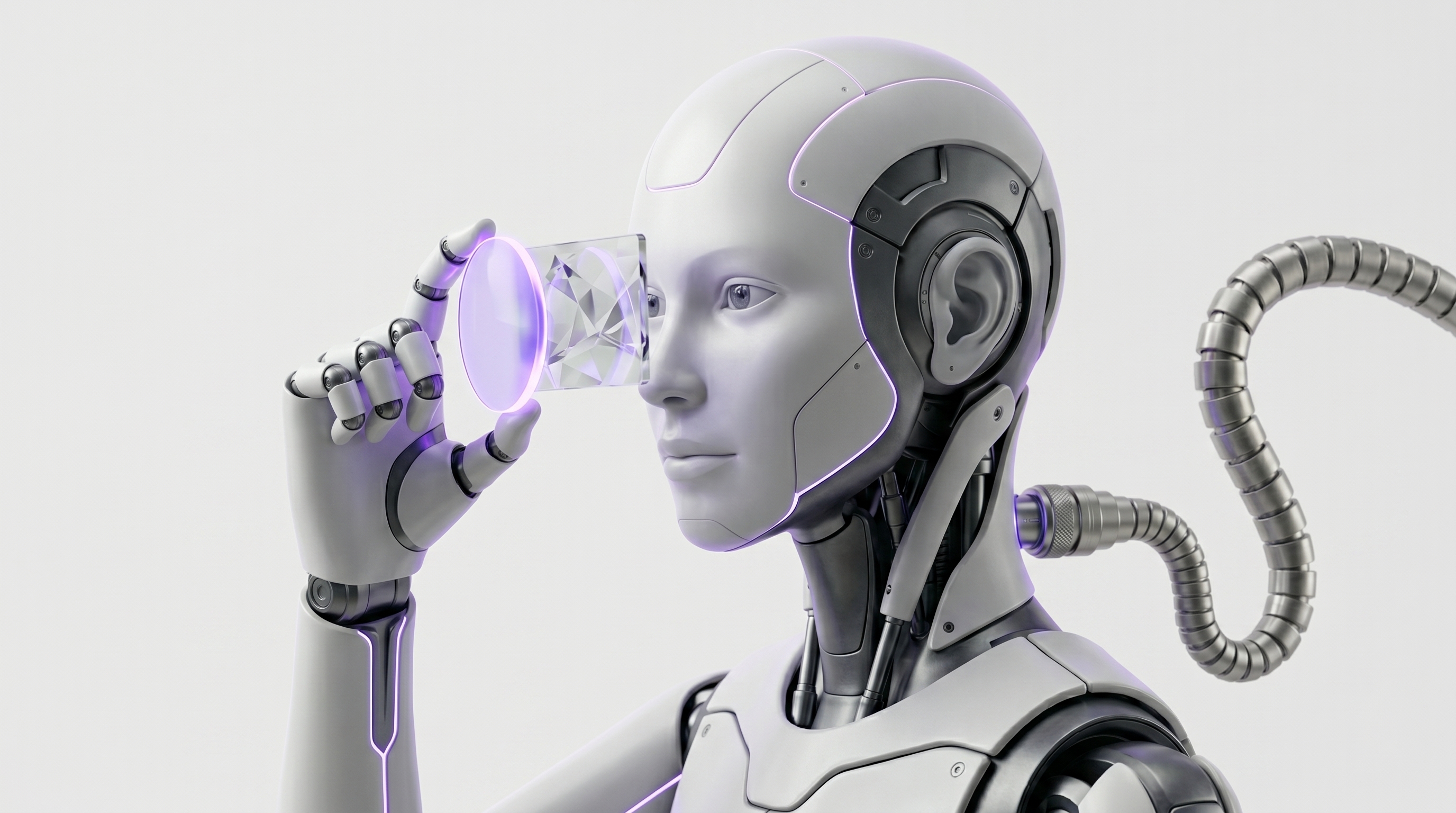 White and silver robot binding glass source cards to a synthesis card so each claim stays linked to its glowing purple citation