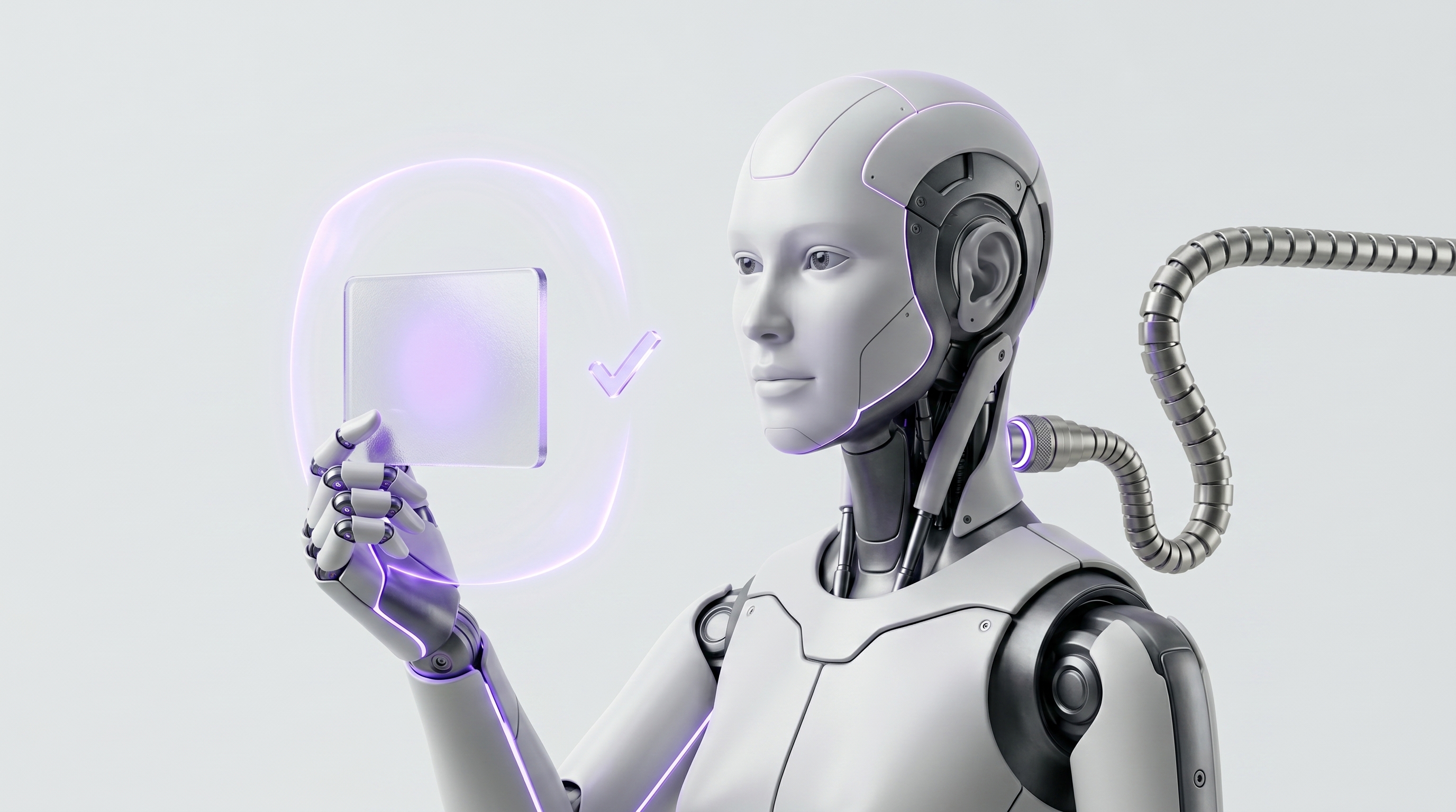 White and silver robot presenting one glass research packet at a glowing electric-purple shield gate, ready for review