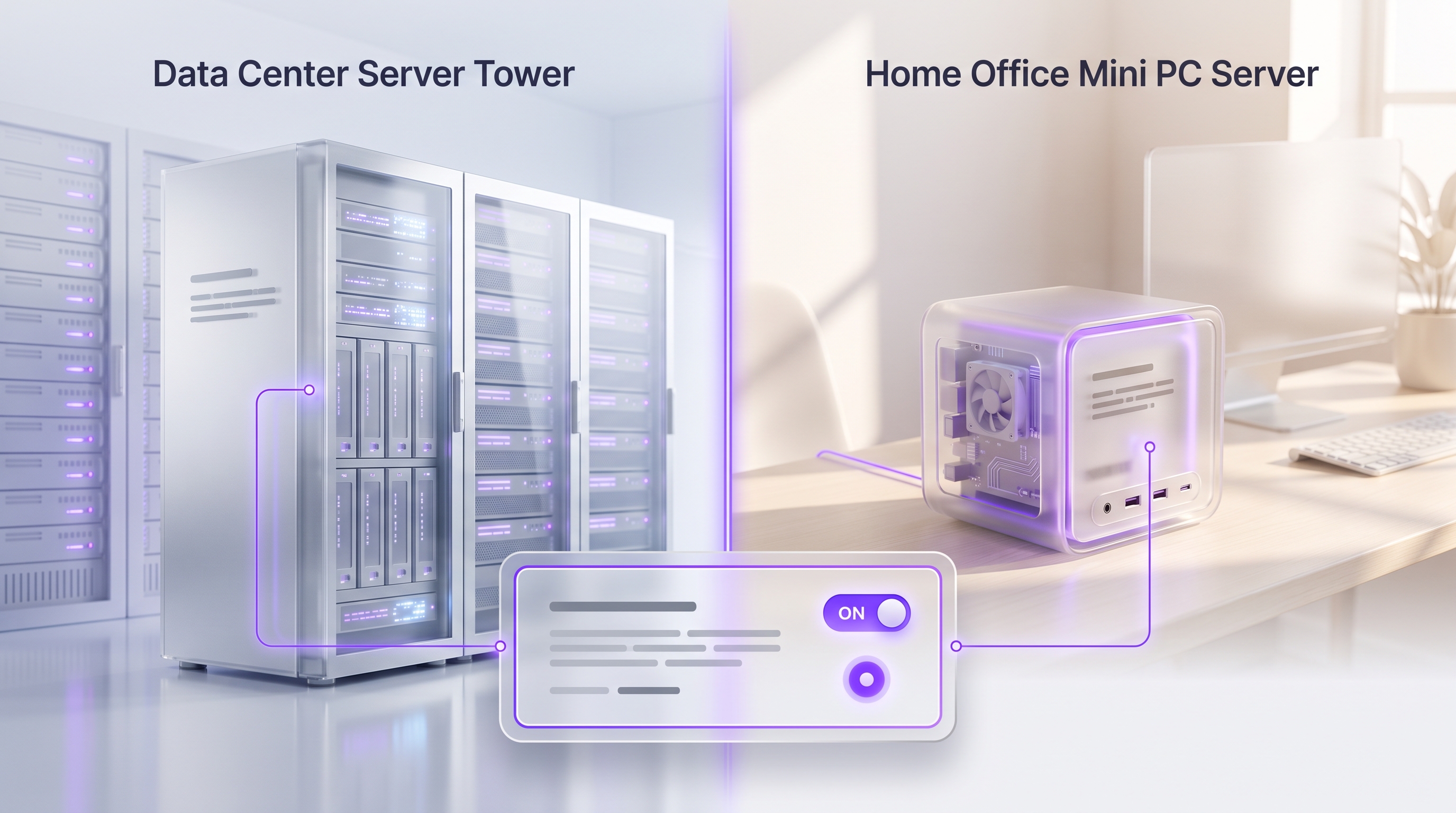 A translucent glass server tower and a compact owned mini server on a desk, both connected by glowing purple lines to a shared control panel in a white studio
