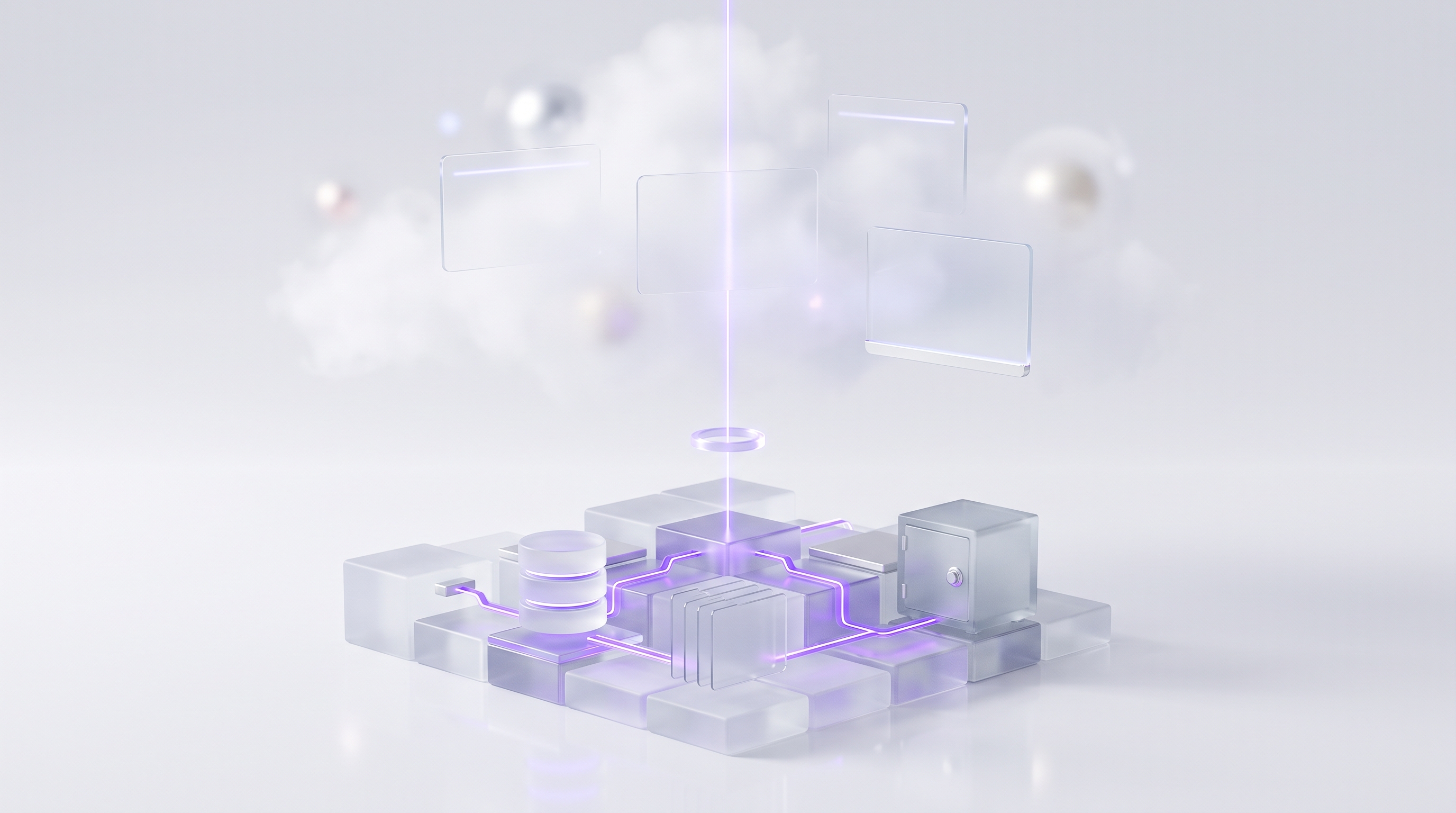A translucent glass architecture with a grounded private data layer of files, drives, and a database connected upward through a glowing checkpoint to floating model endpoint panels