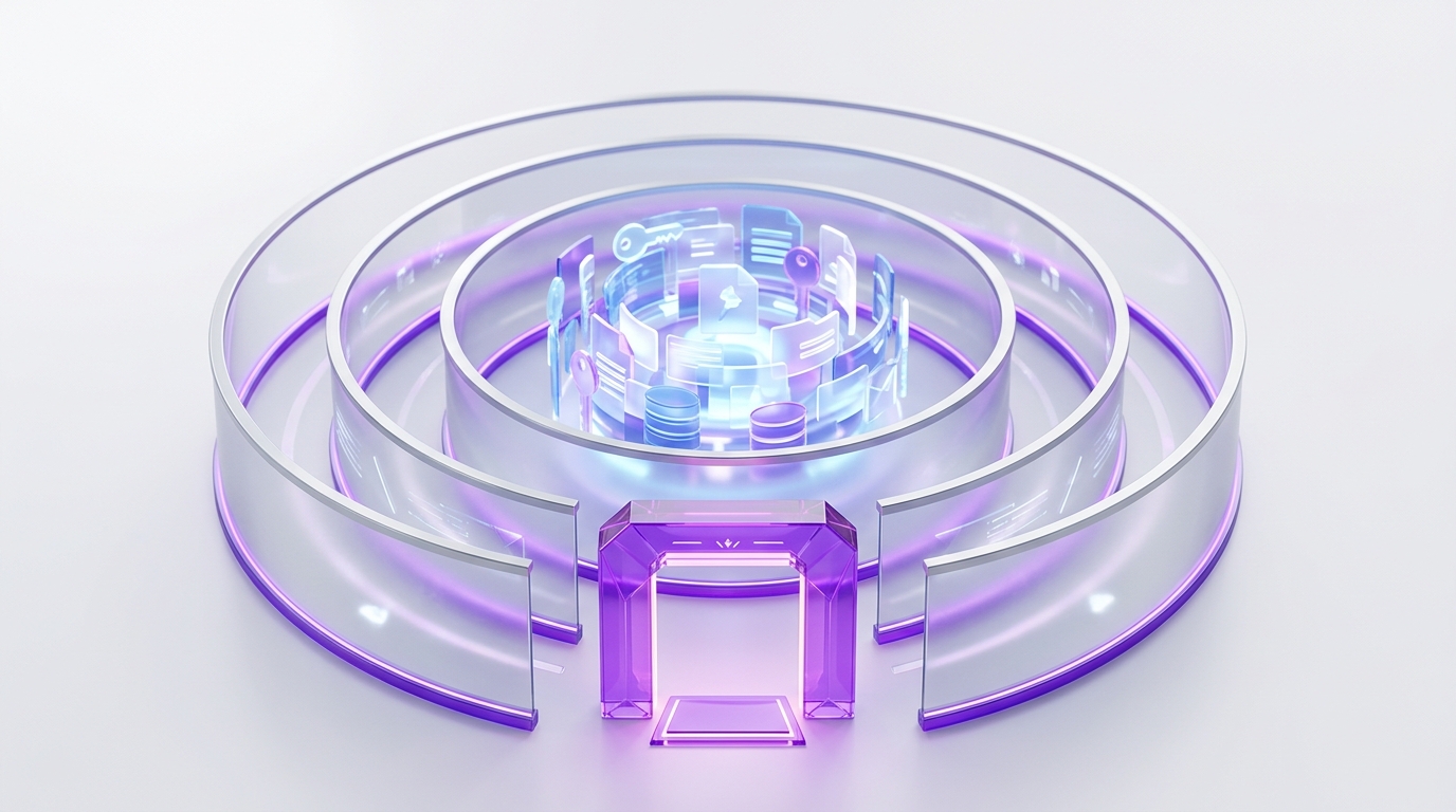 Concentric translucent glass shield rings protecting a glowing core of abstract key, file, and database shapes with a purple checkpoint at the only opening