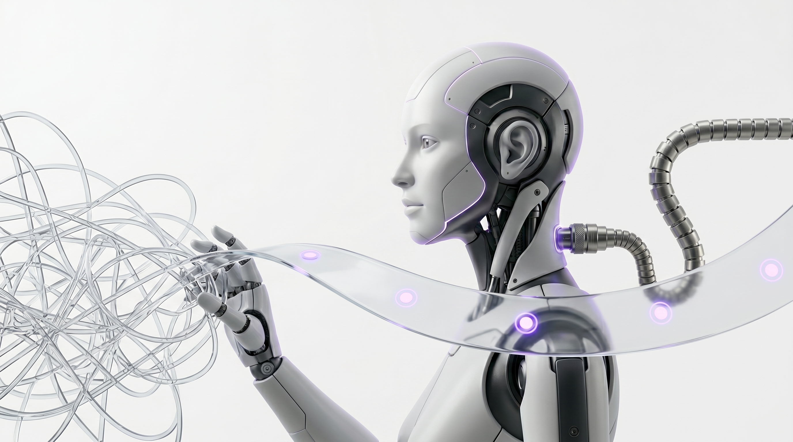 White and silver robot smoothing a tangle of crisscrossing glass route lines into one clean ribbon with glowing purple stops