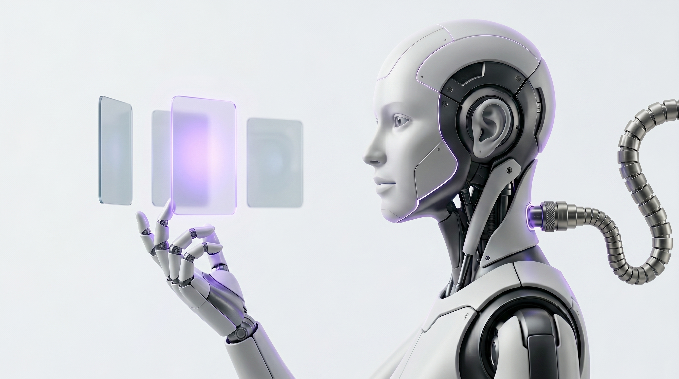 White and silver robot weighing three glass trip-plan cards with the best-fit card glowing soft purple