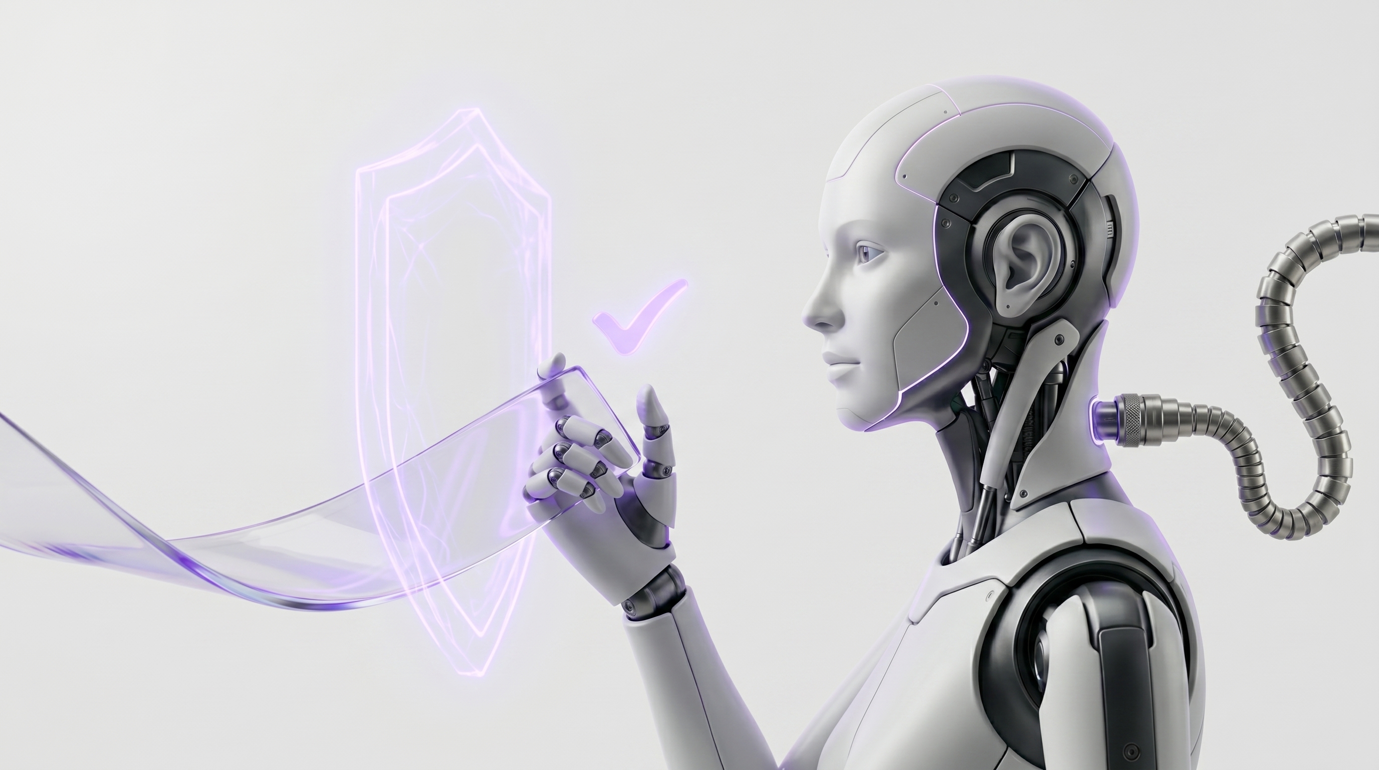 White and silver robot holding a glass itinerary ribbon at a glowing electric-purple shield gate with an approval check hovering