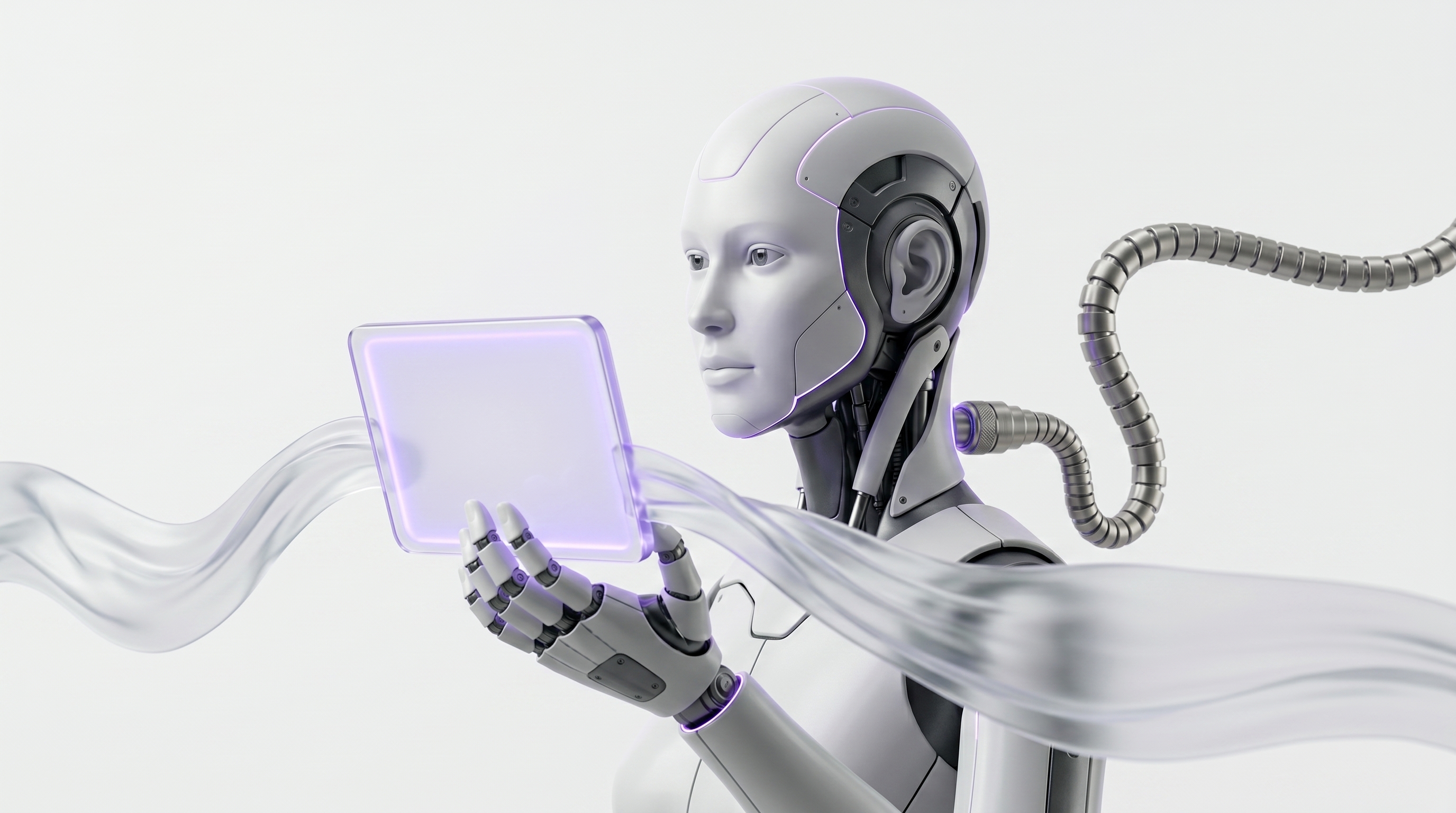 White and silver robot catching a flowing glass sound waveform and shaping it into one clean glowing purple task card