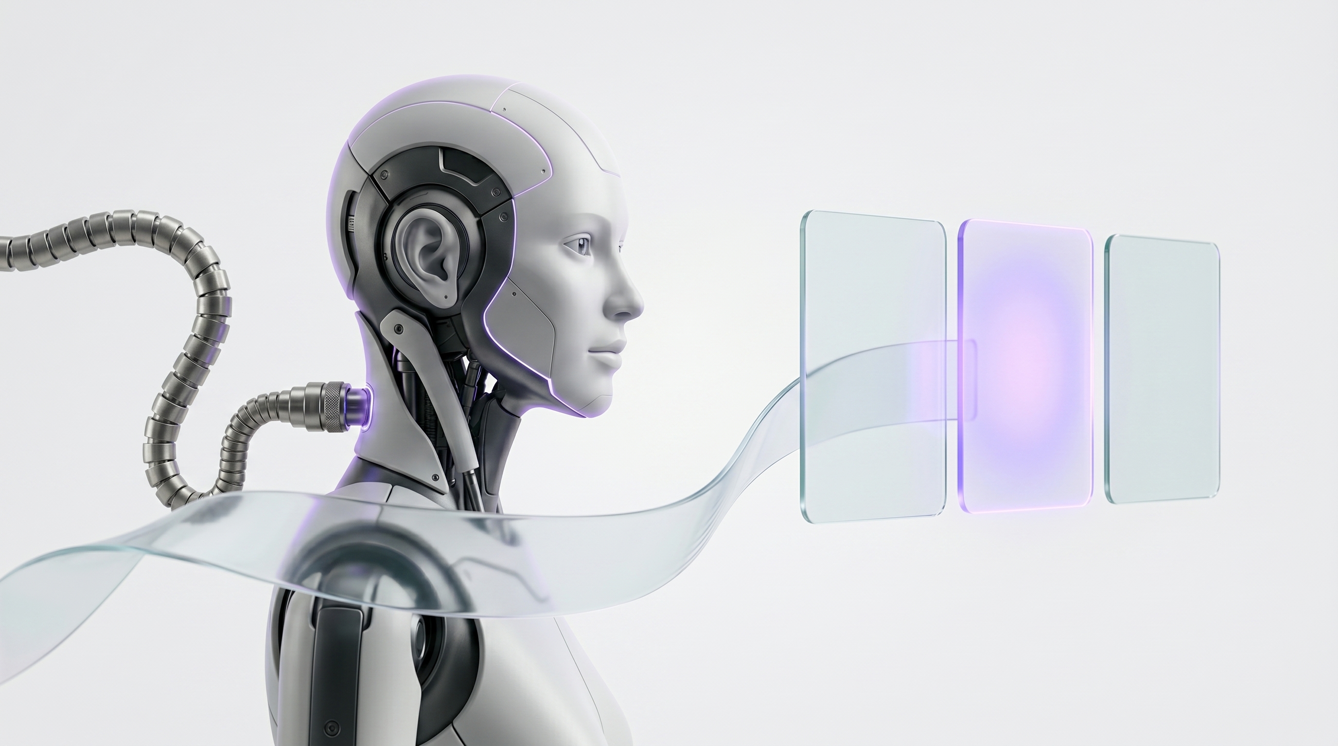 White and silver robot fanning one glass sound waveform into three clean glass task cards with the priority glowing soft purple