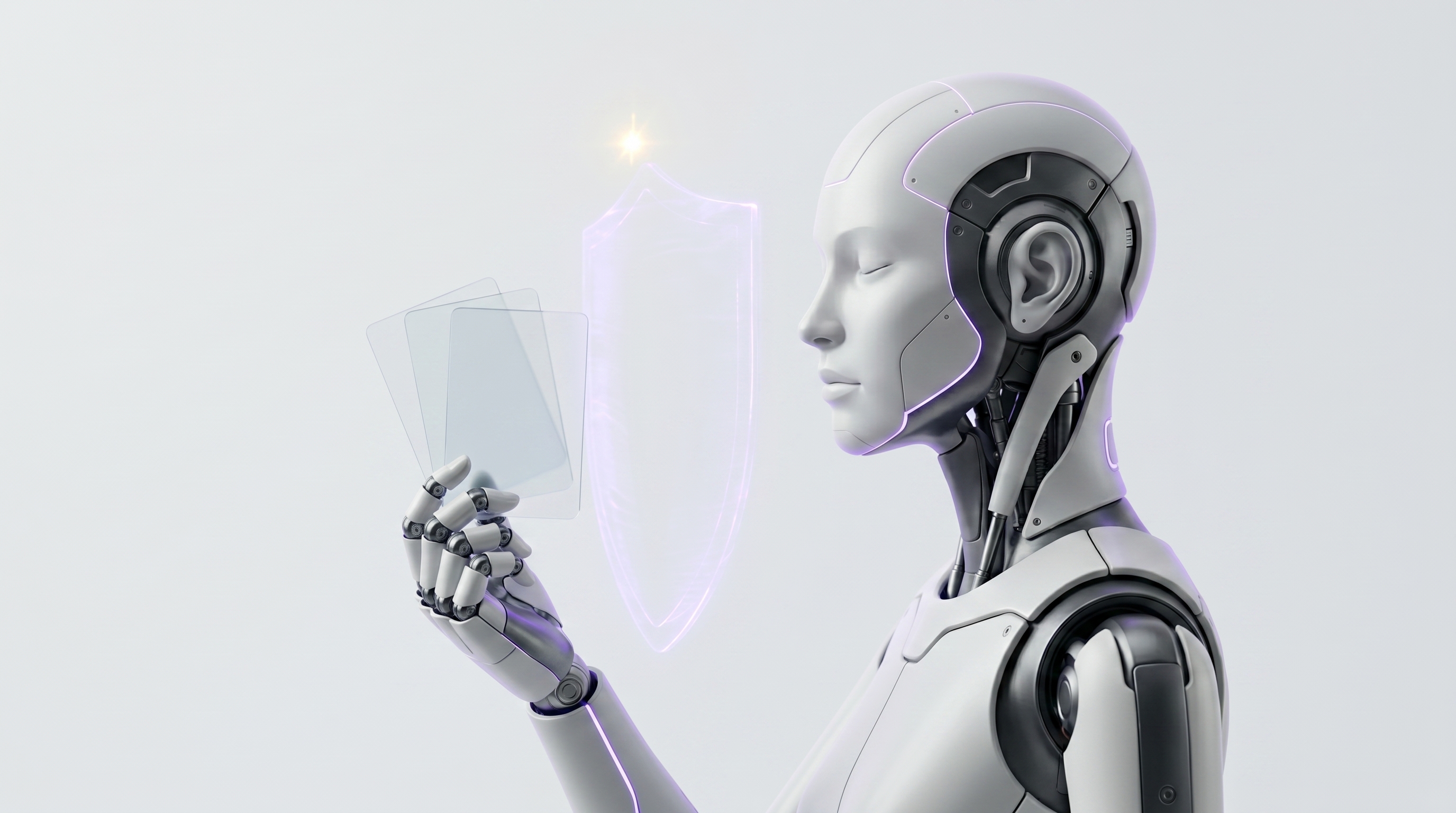 White and silver robot holding fresh glass task cards beside a glowing electric-purple shield with an approval spark above