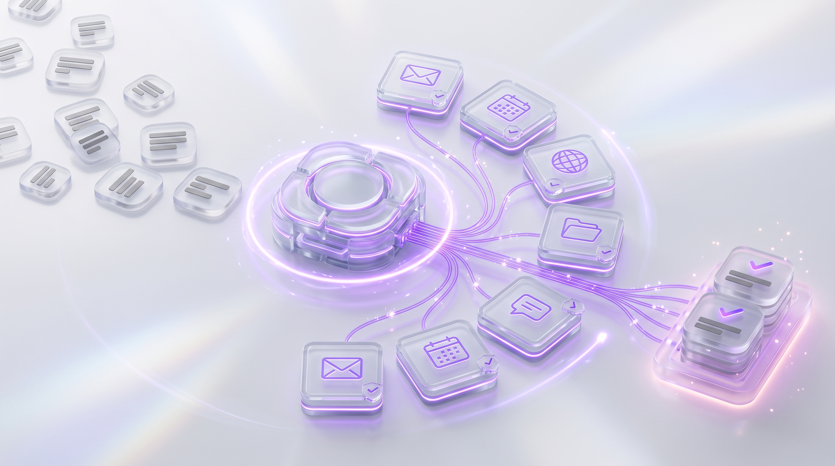 A modern glass workspace where task cards move through approved tool connectors, illustrating how an AI agent operates across business tools