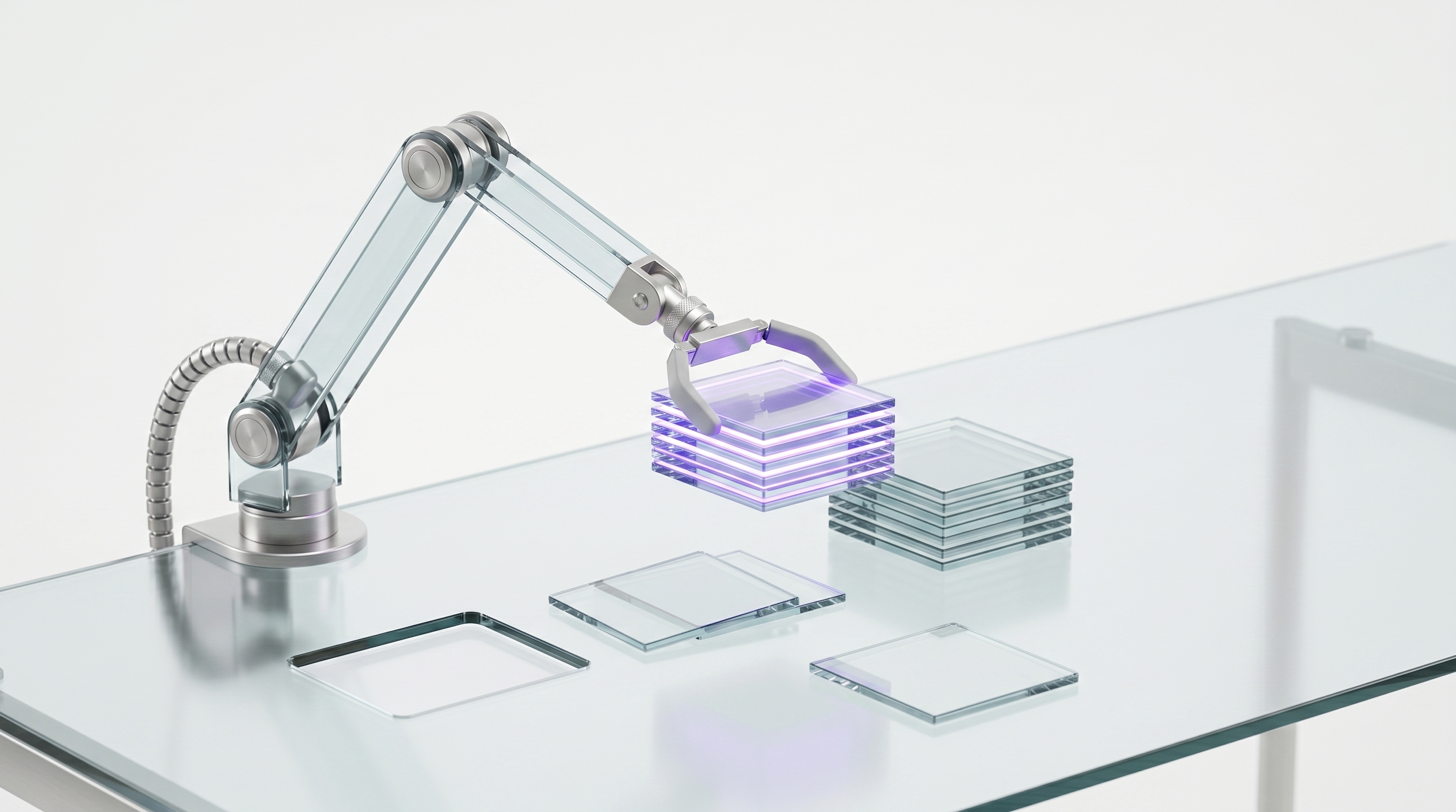 A glass agent quietly clearing a stack of repetitive task tiles off a desk, showing an OpenClaw AI agent for business owners removing busywork