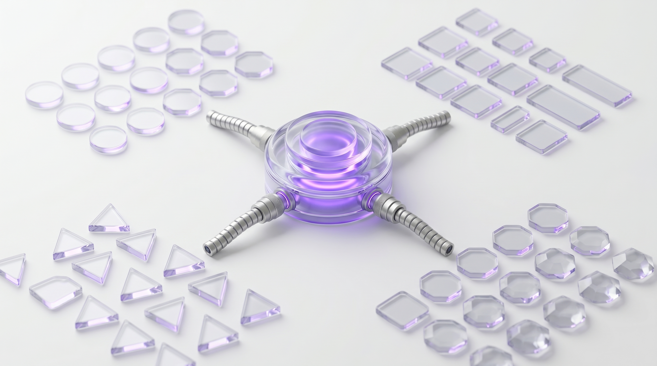 A glass agent core branching into four clusters of abstract task tiles for personal, business, research, and technical work an OpenClaw AI agent can do