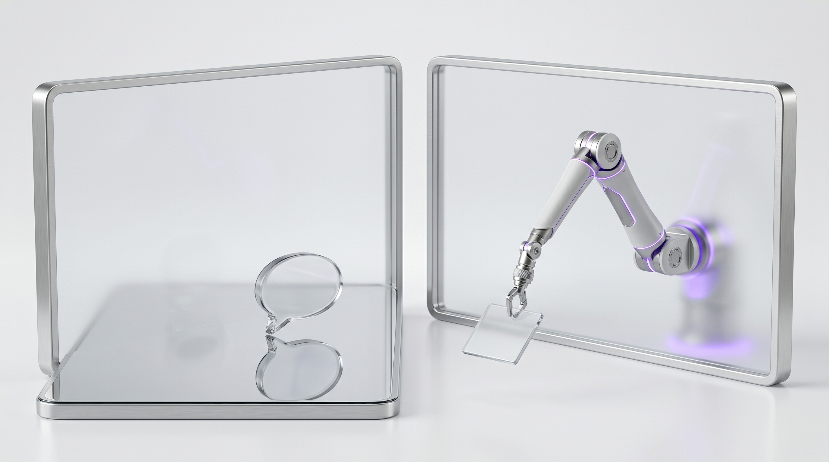 Two glass panels side by side, one reflecting a message back and one extending a glass arm to act, showing OpenClaw AI agent vs chatbot