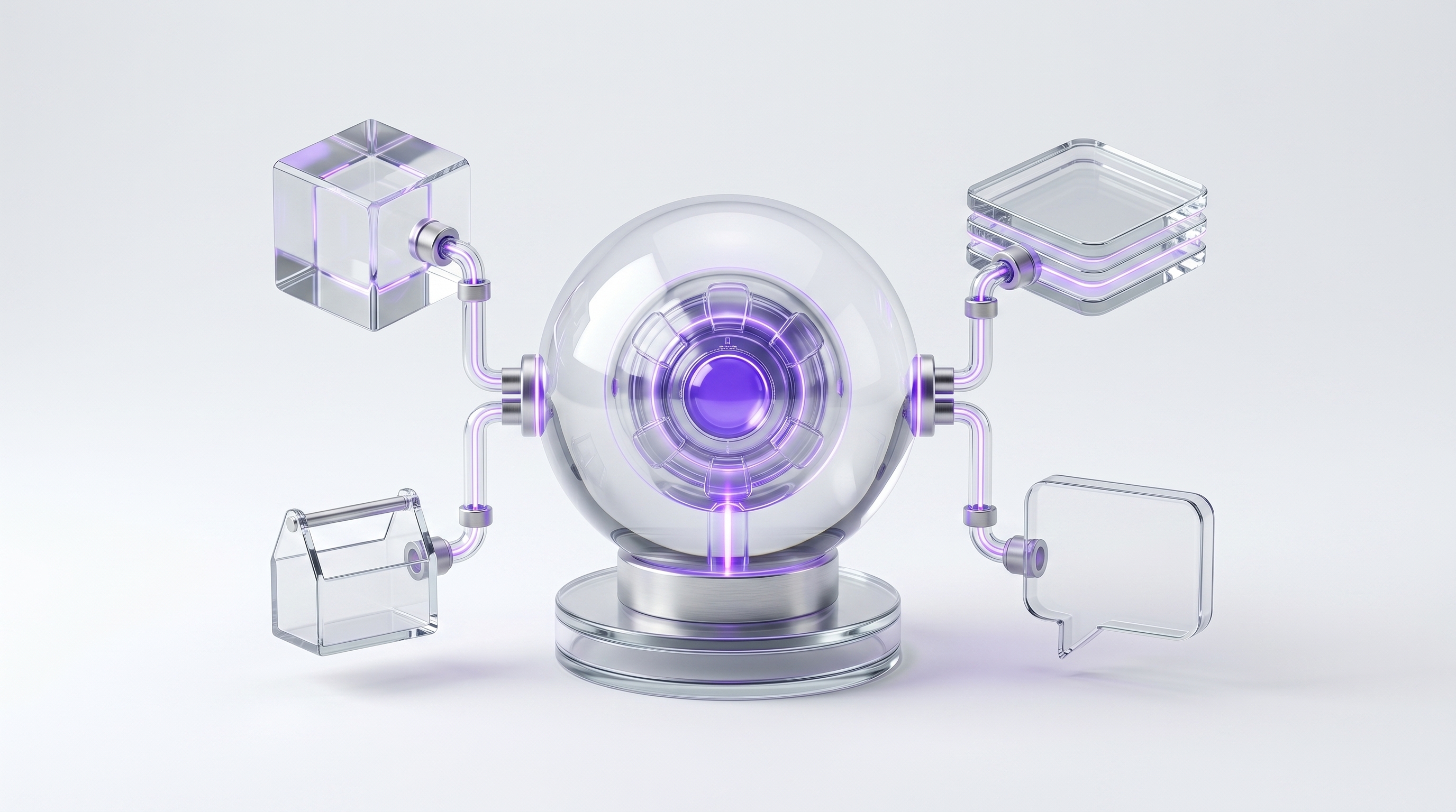 A single clear glass agent confidently connected to model, memory, tools, and chat app portals, summarizing what an OpenClaw AI agent is