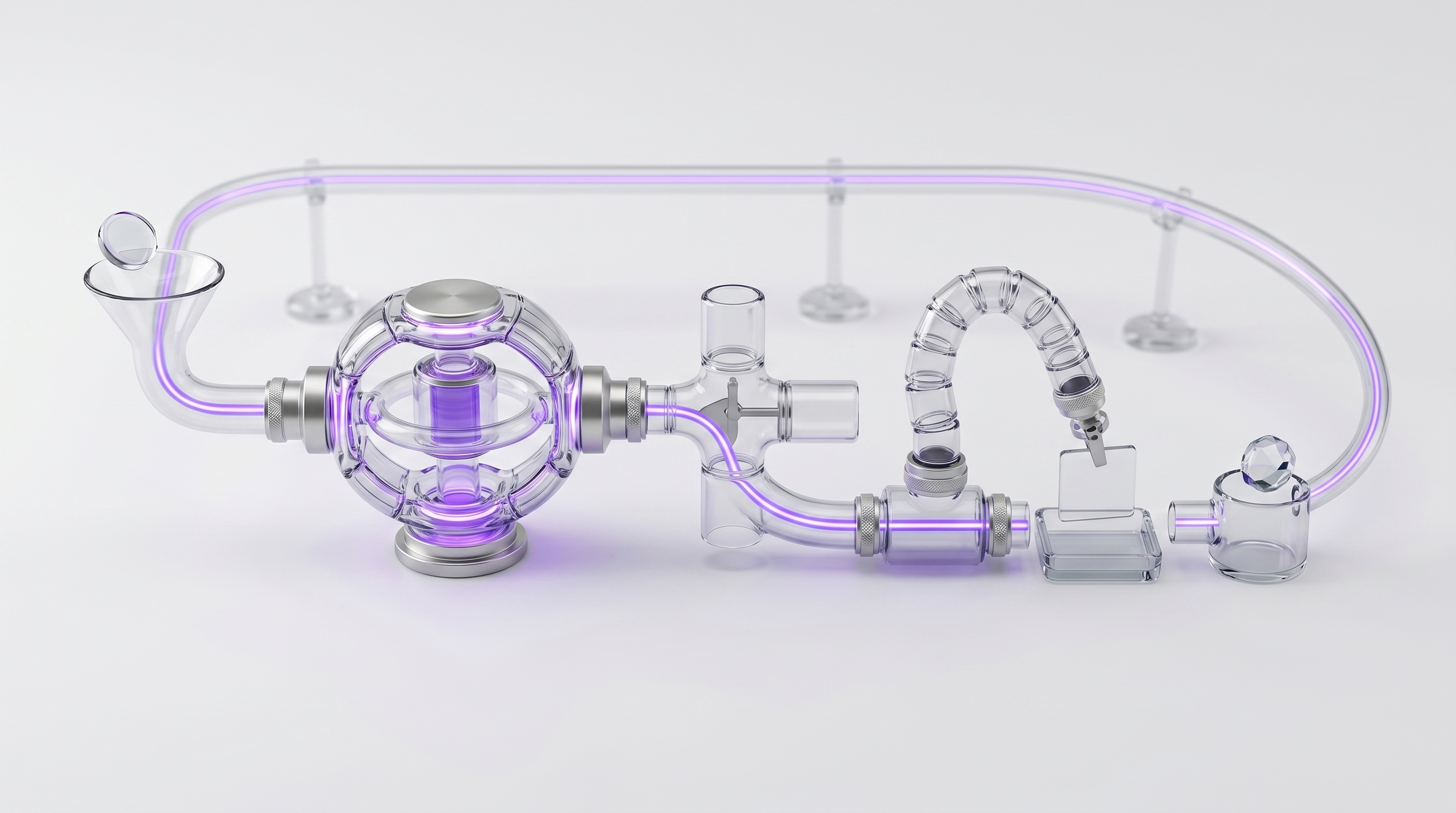 A glass request flowing through a series of connected glass stages into a completed action, illustrating how an OpenClaw AI agent works