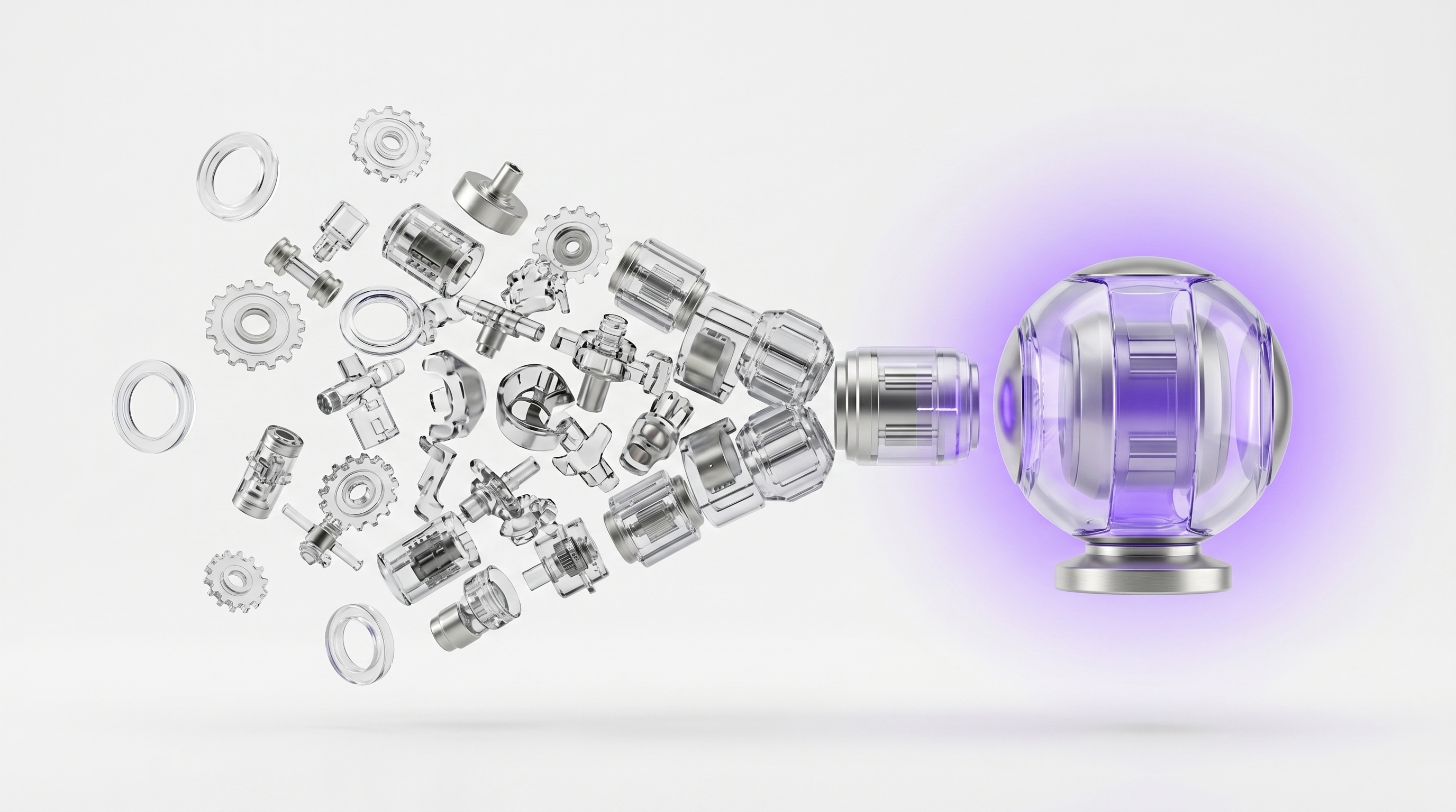A complex tangle of glass setup parts resolving into one clean assembled glass assistant, showing OpenClaw setup simplified for beginners
