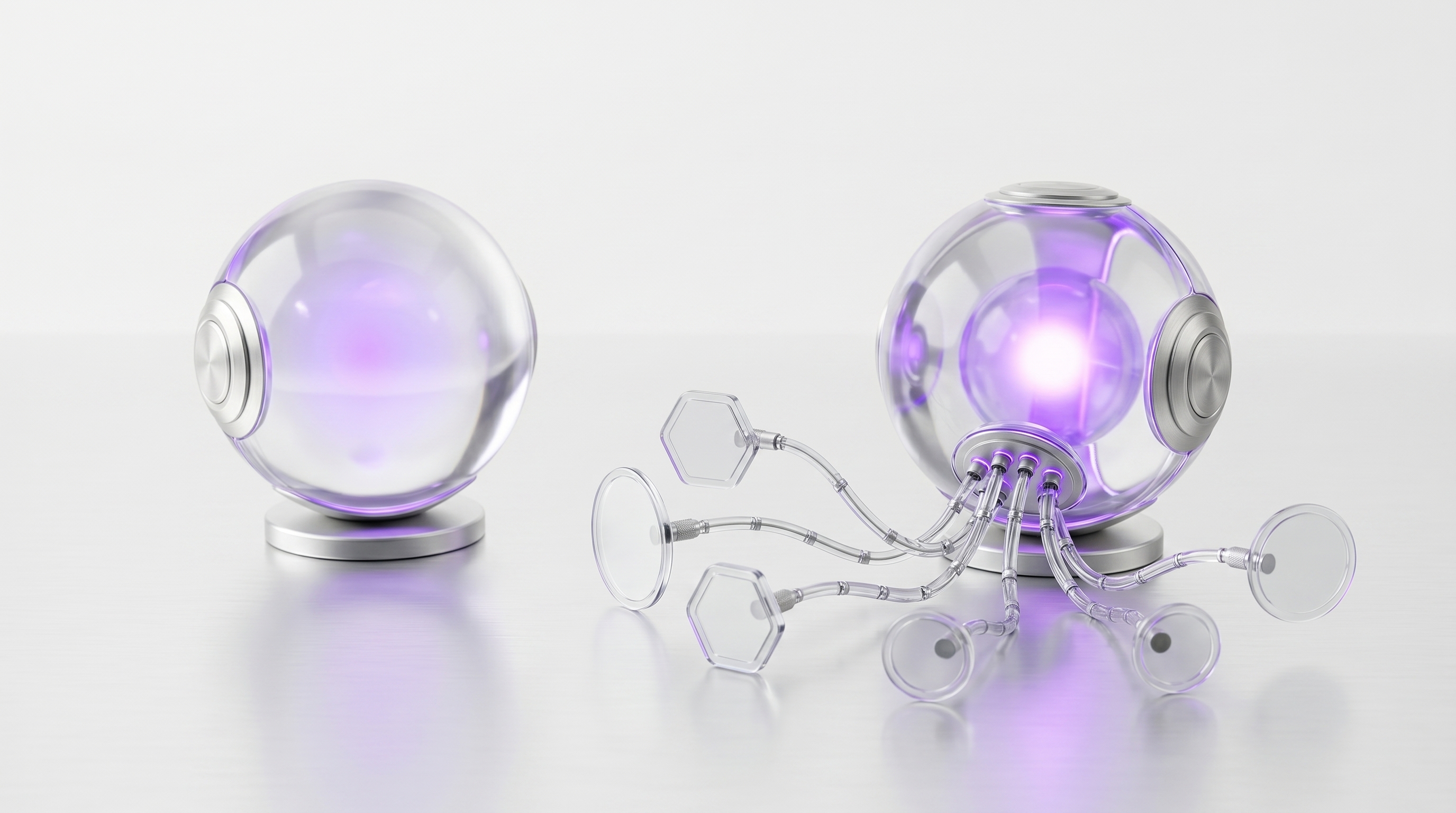 Two distinct glass orbs side by side, one calm advisor orb and one orb extending tools into apps, comparing OpenClaw vs ChatGPT