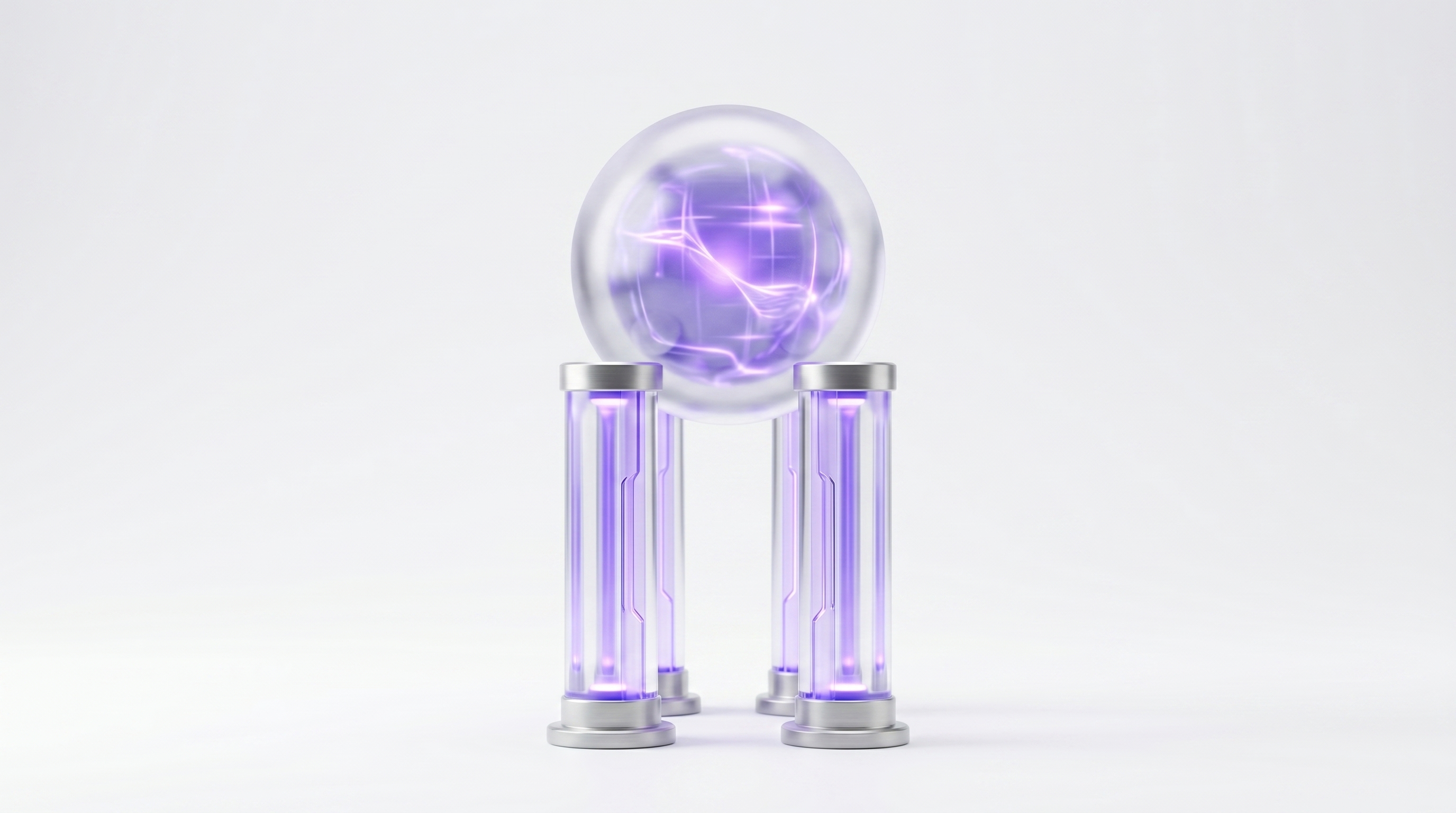 Four glowing glass pillars supporting a floating glass agent, representing why people are excited about OpenClaw: action, channels, open source, and private hosting