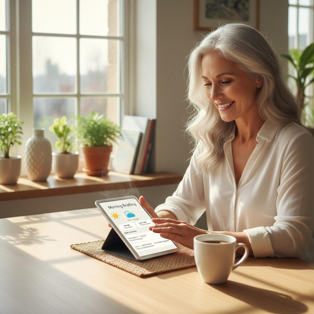 Woman using AI assistant on tablet for morning briefing