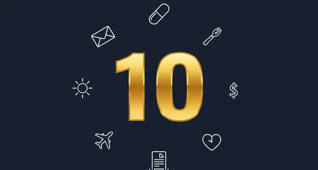 Number 10 surrounded by icons representing AI assistant capabilities