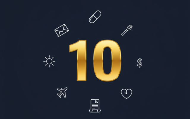 Number 10 surrounded by icons representing AI assistant capabilities