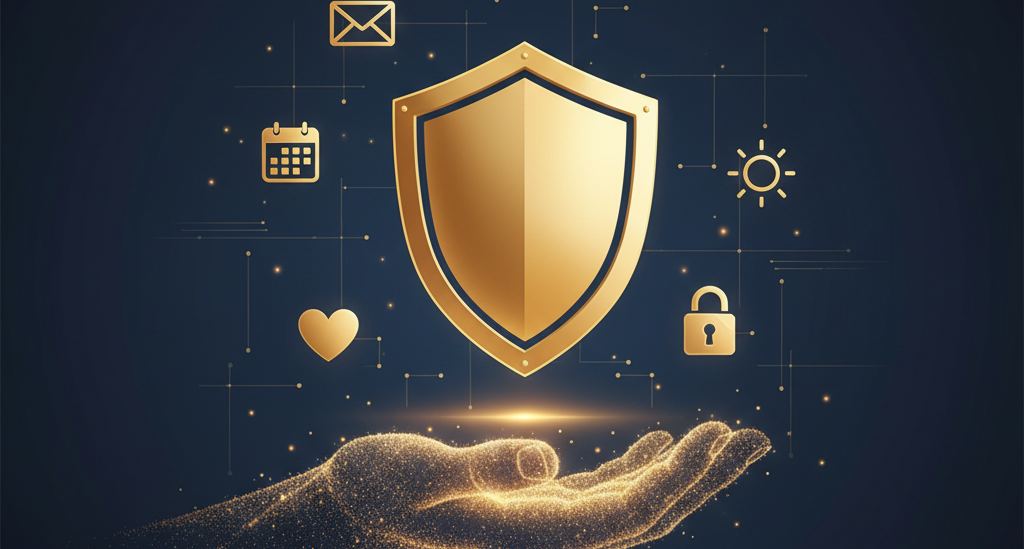 ClearSetup AI gold shield with calendar, email, health, and security icons