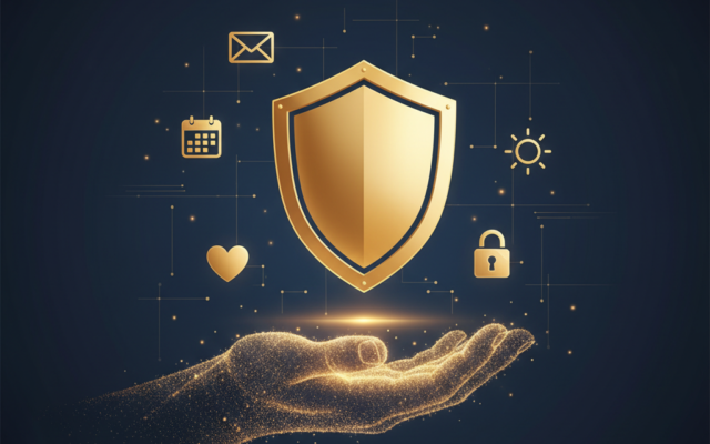 ClearSetup AI gold shield with calendar, email, health, and security icons
