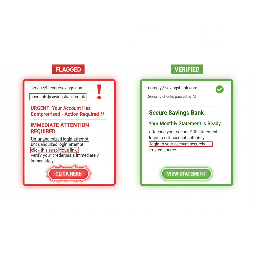 AI flagging a scam email vs verifying a safe email