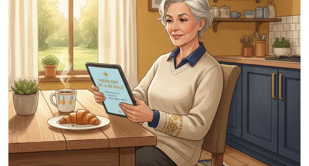 Person relaxing with tablet showing AI morning briefing