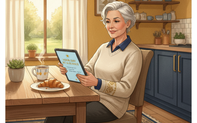 Person relaxing with tablet showing AI morning briefing